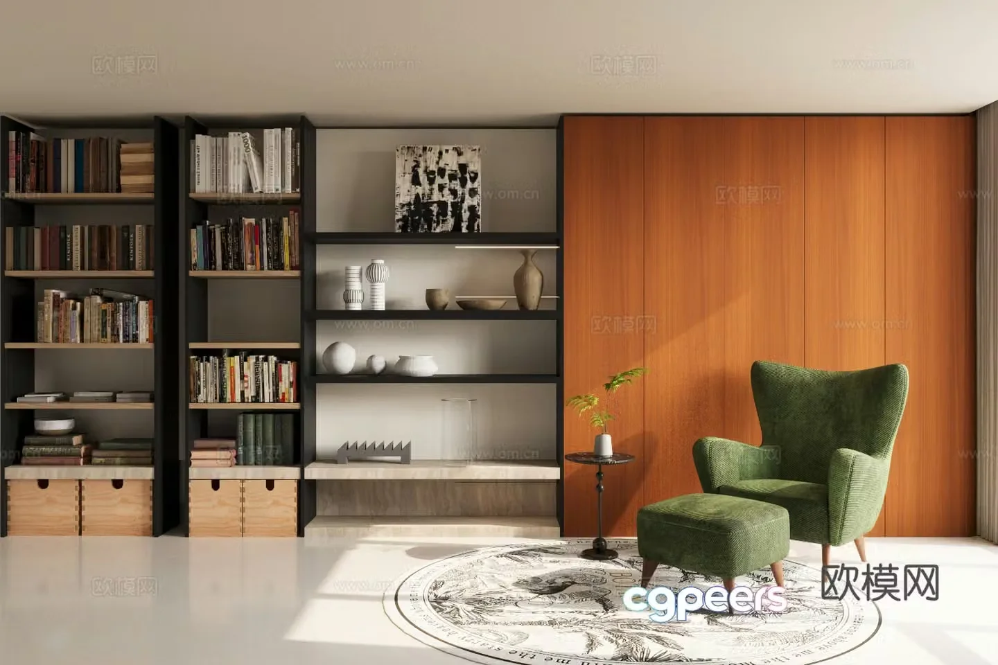 Middle-aged bookcase solid wood bookcase book ornament combination single casual chair 3D model