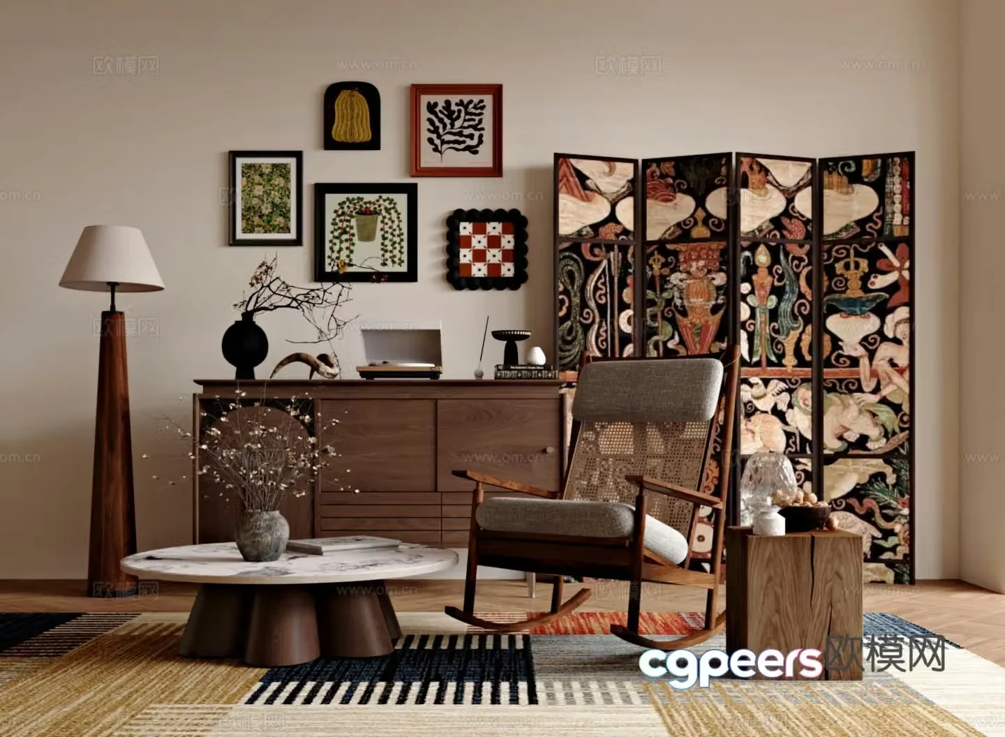 Medium vintage retro leisure chair leisure chair decorative cabinet screen decorative painting coffee table 3d model
