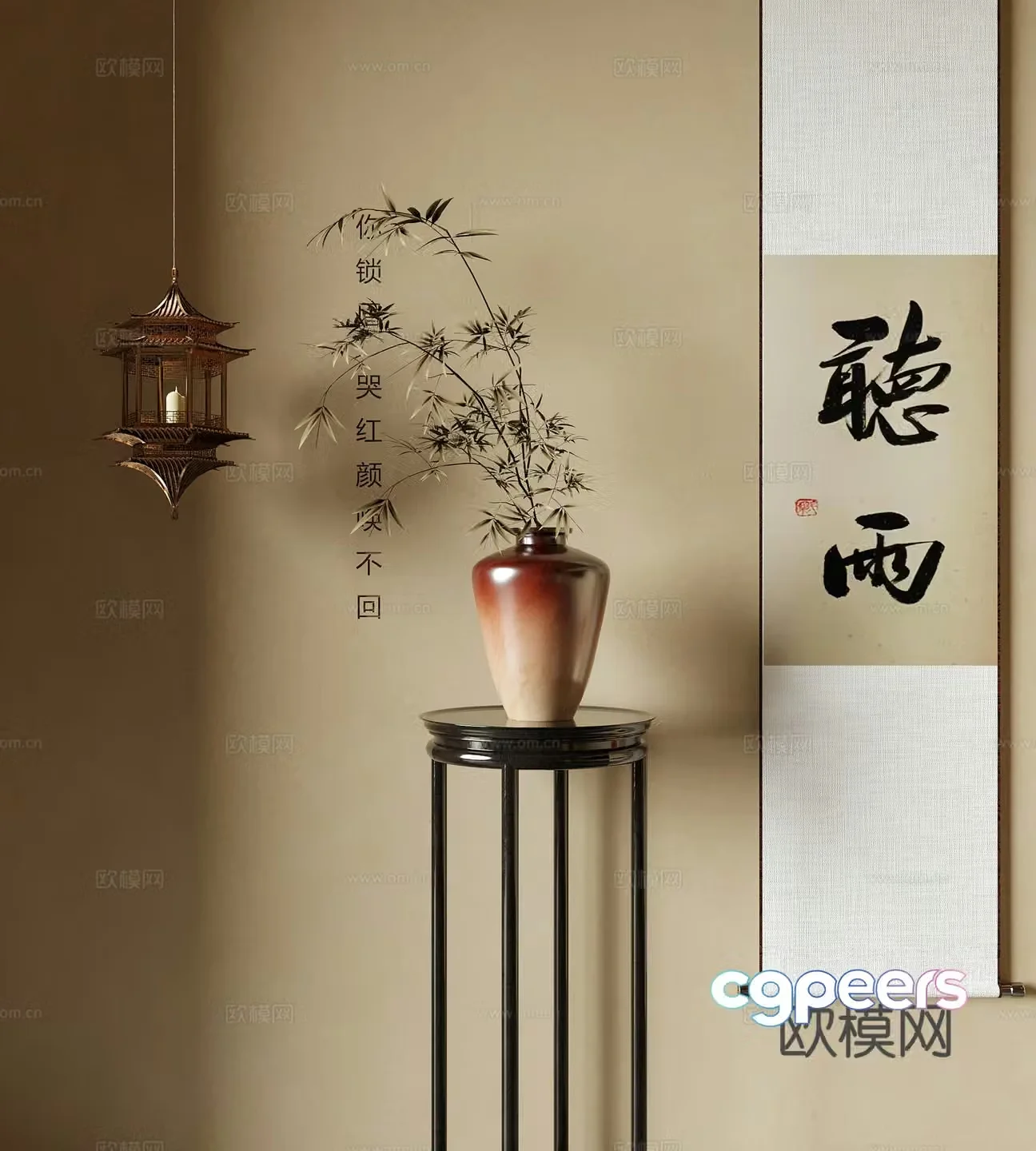 New Chinese vase flower art flower arrangement flower art hanging painting 3D model