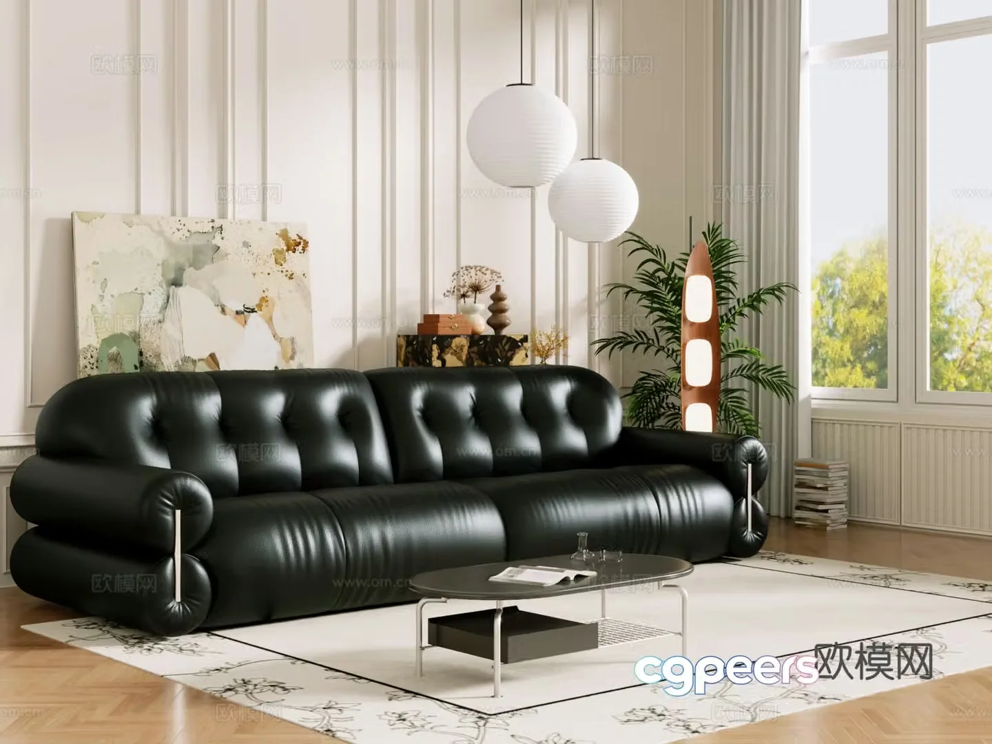 Middle-aged sofa combination coffee table carpet multi-person sofa 3D model