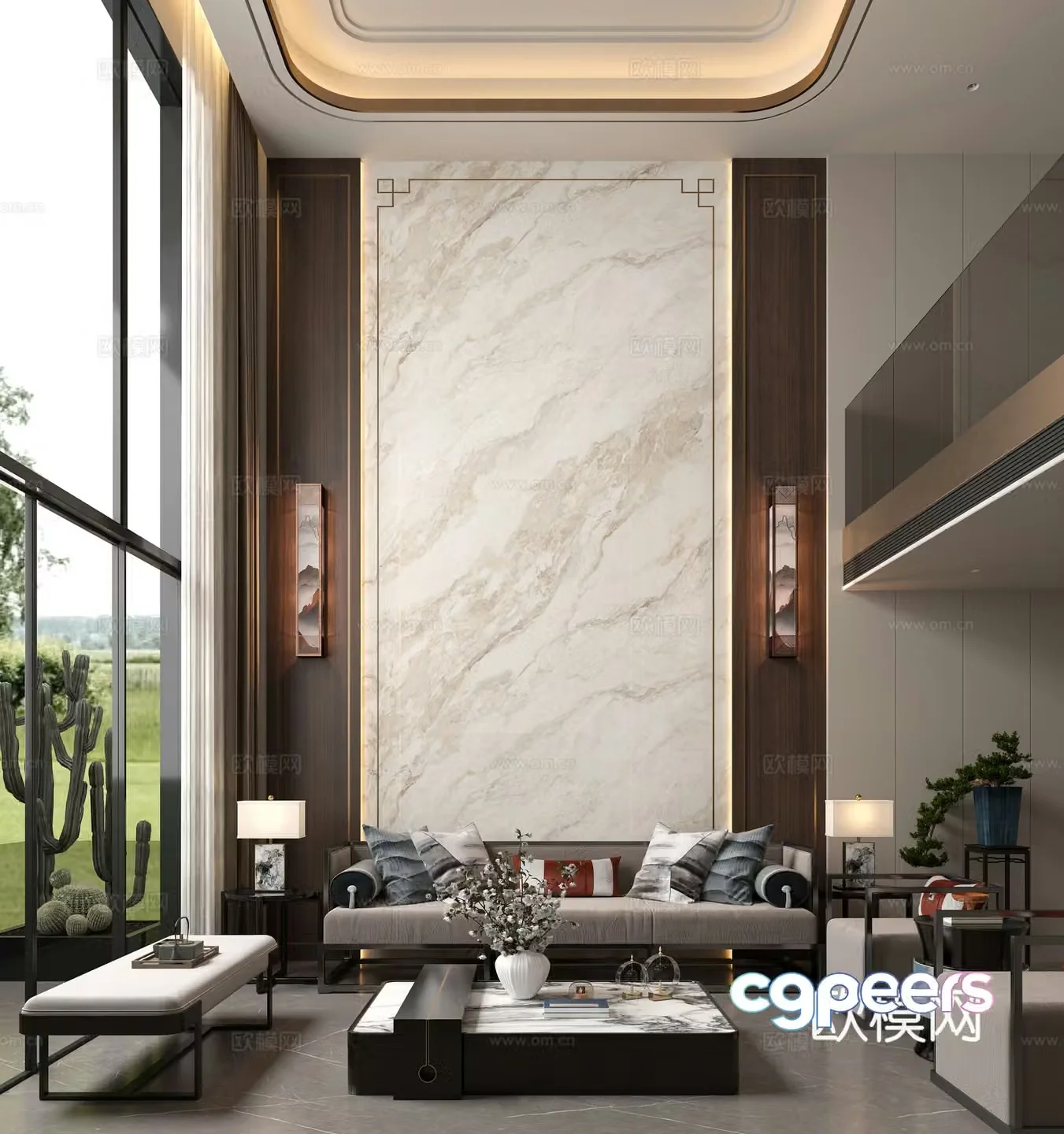 New Chinese style sofa background Villa sofa background Hollow villa Hollow sofa background 3d model