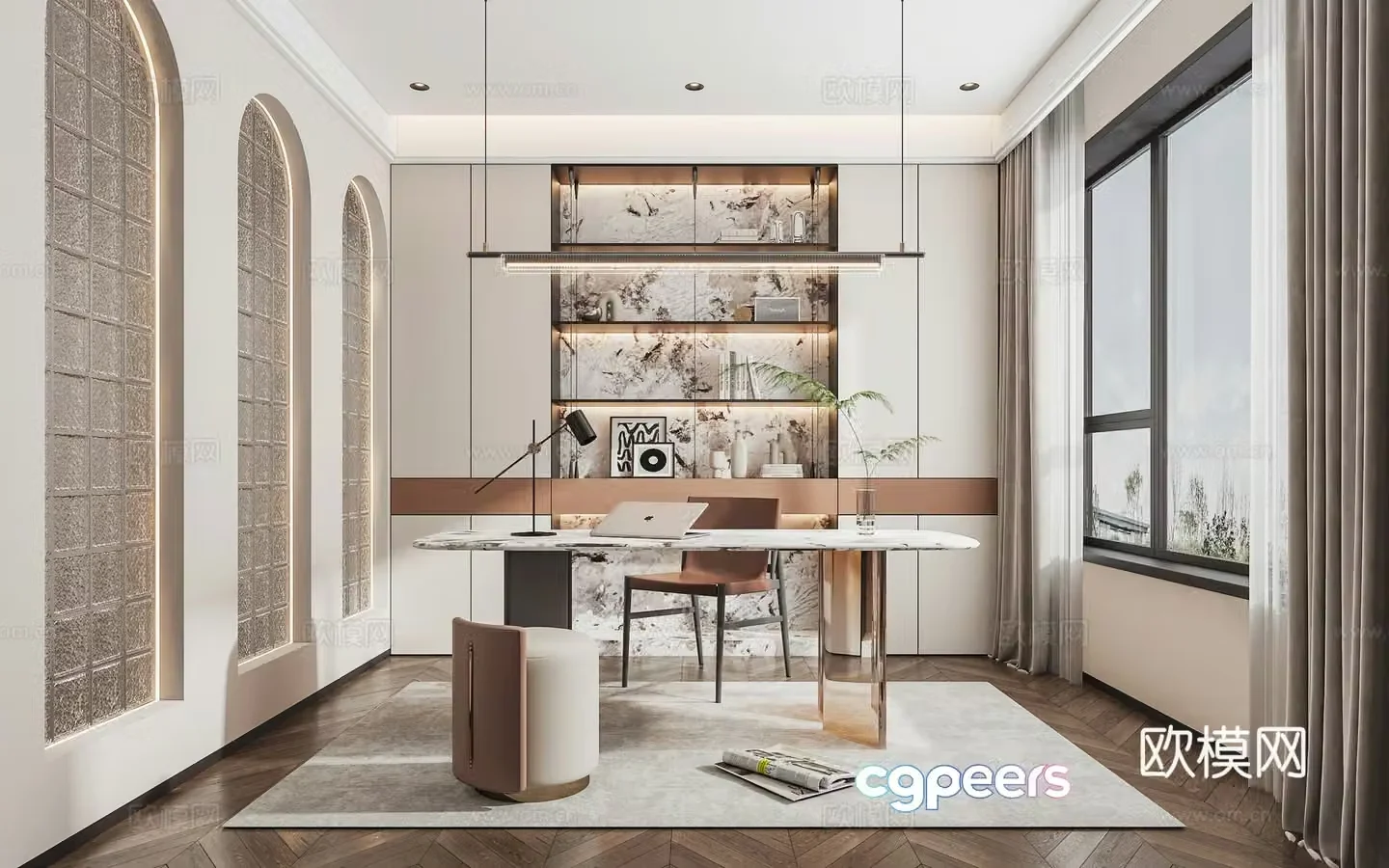 Modern light luxury simple home study 3D model