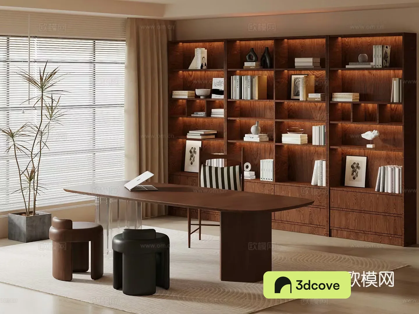 Middle-aged study bookcase desk and chair 3D model