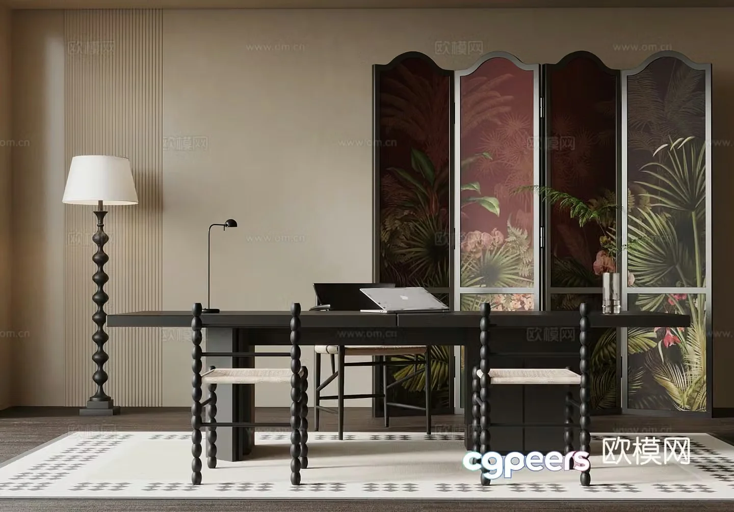 20 French study desk chair screen floor lamp 3d model