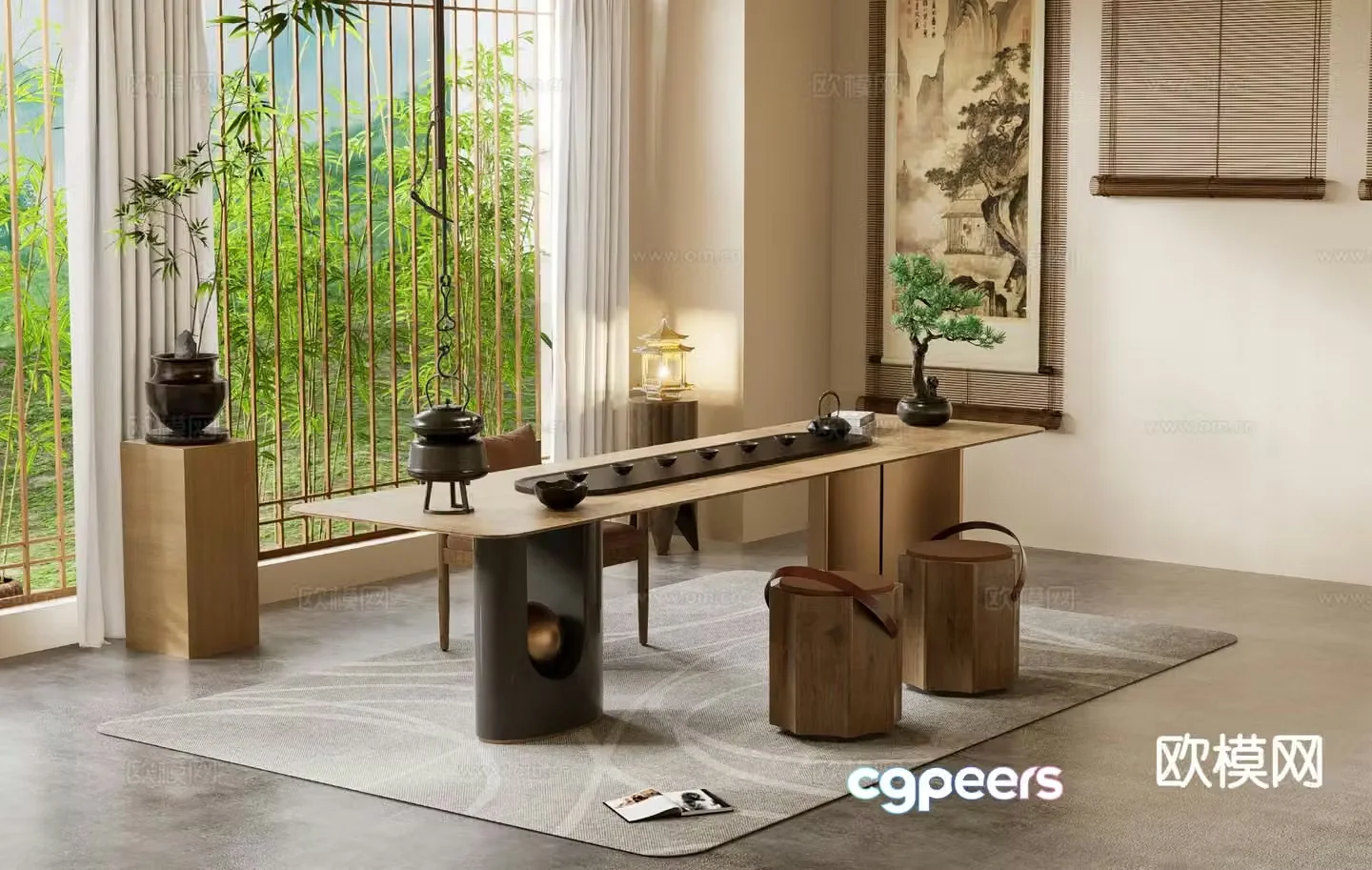 New Chinese tea table and chairs 3d model