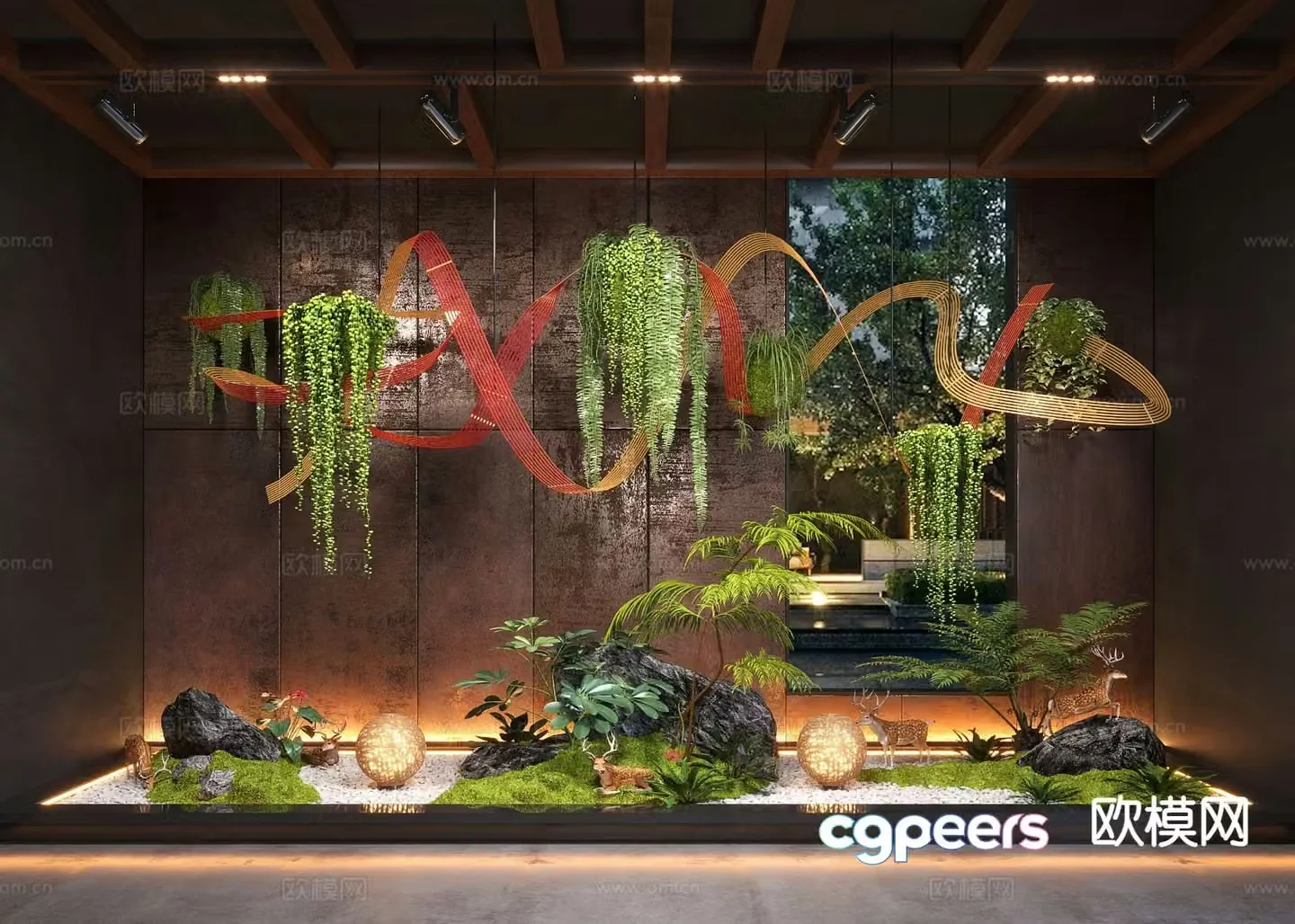New Chinese style indoor landscaping bryophytes indoor landscape 3d model