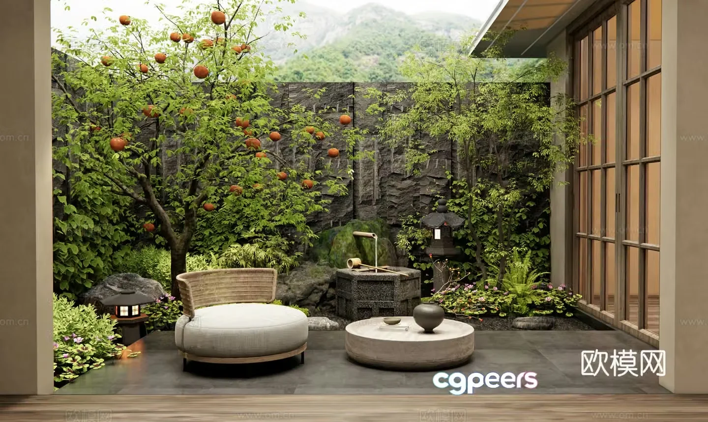 Japanese garden garden persimmon tree waterscape plant combination stone outdoor sofa 3d model
