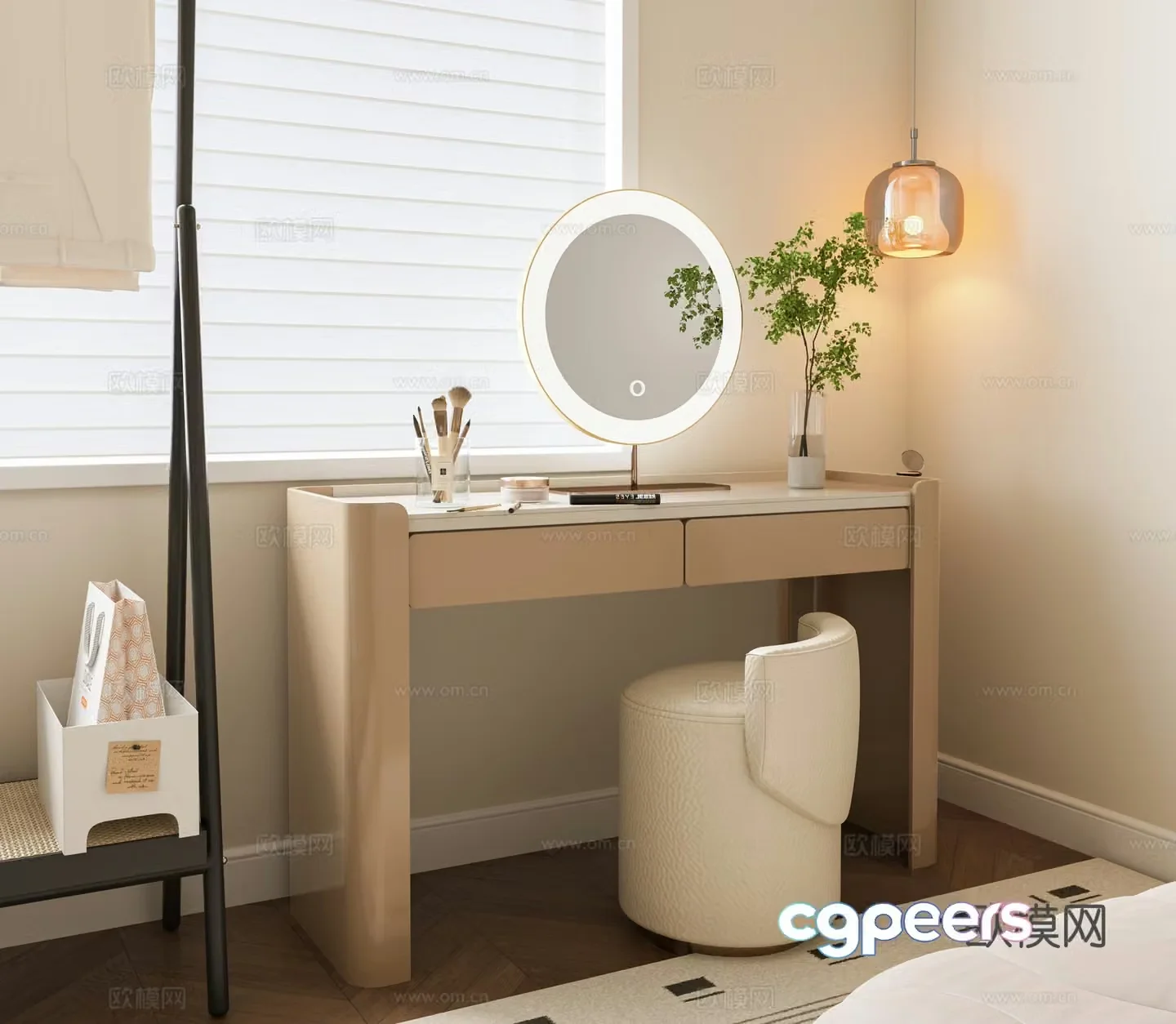 Modern dressing table makeup stool combination mirror green plants cream style dressing table dressing mirror hanging 3D model