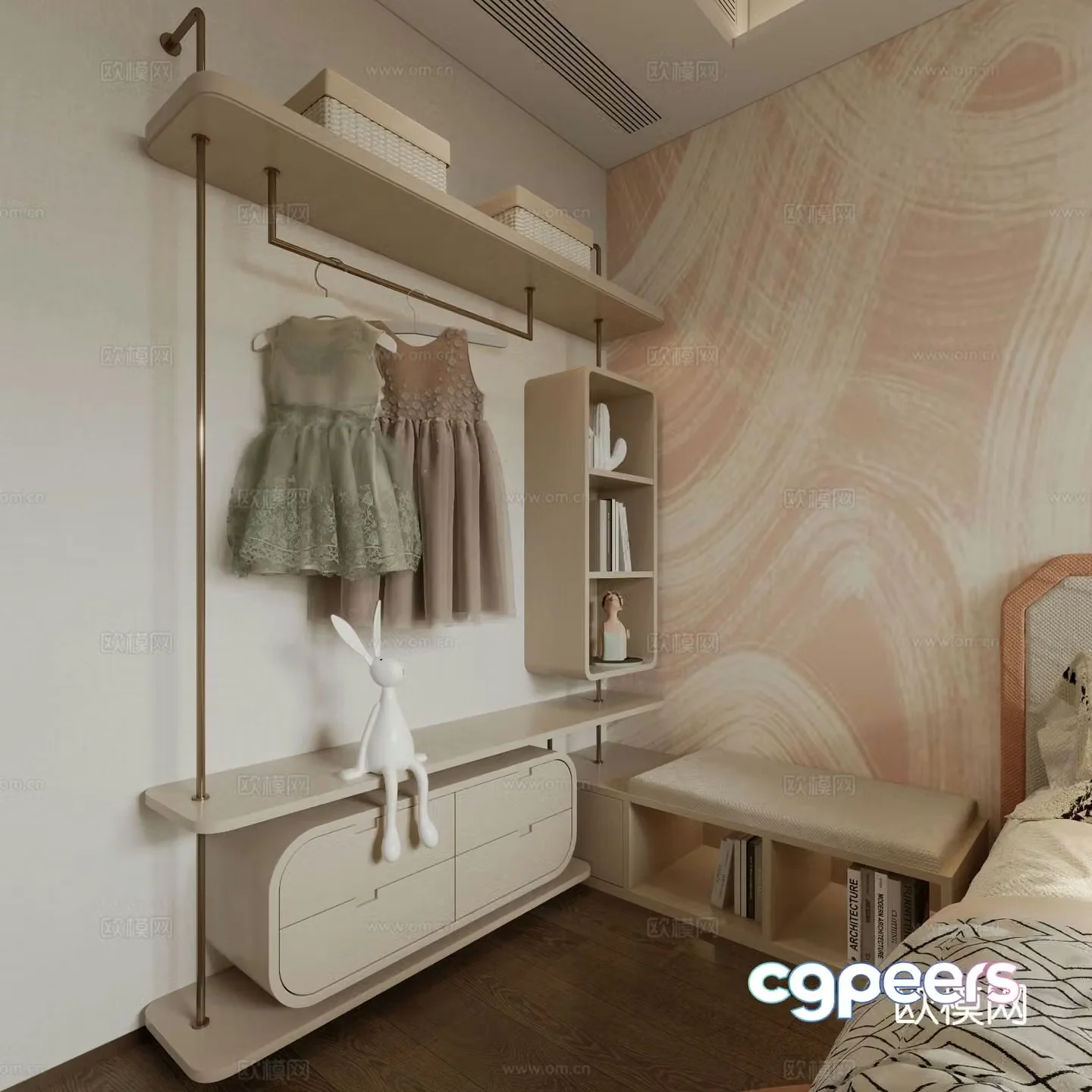 Doorless wardrobe bedside table integrated cabinet 3d model