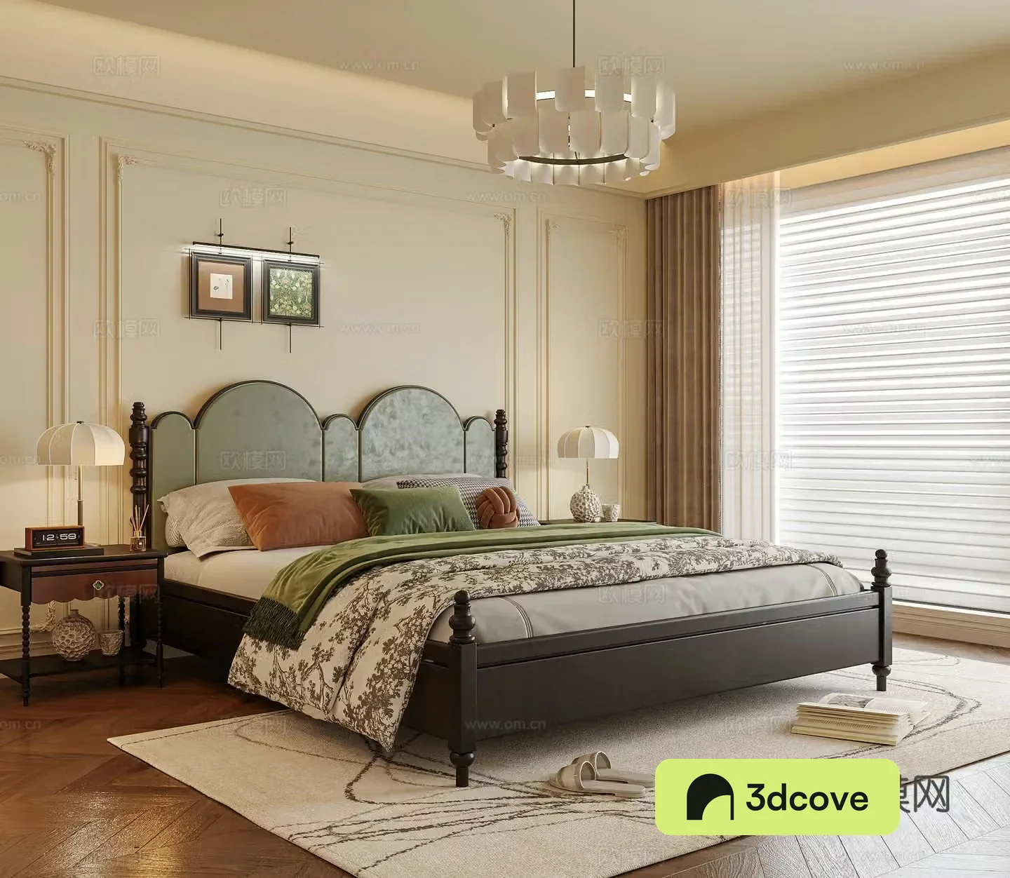 French bedroom double bed nightstand bedroom chandeliers 3d model