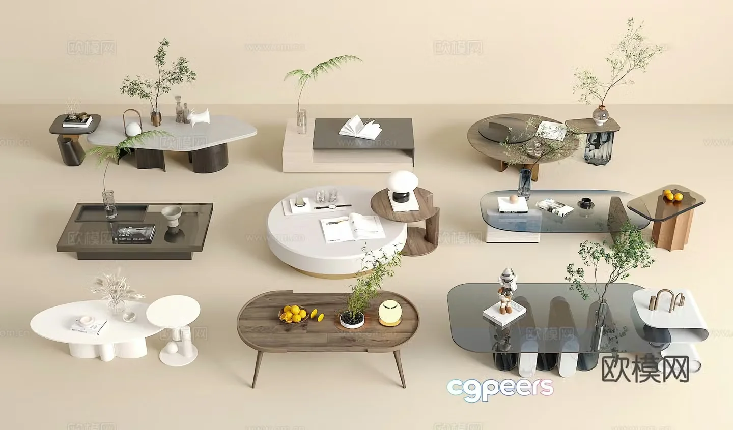 Coffee table combination green plants jewelry ornaments book 3d model