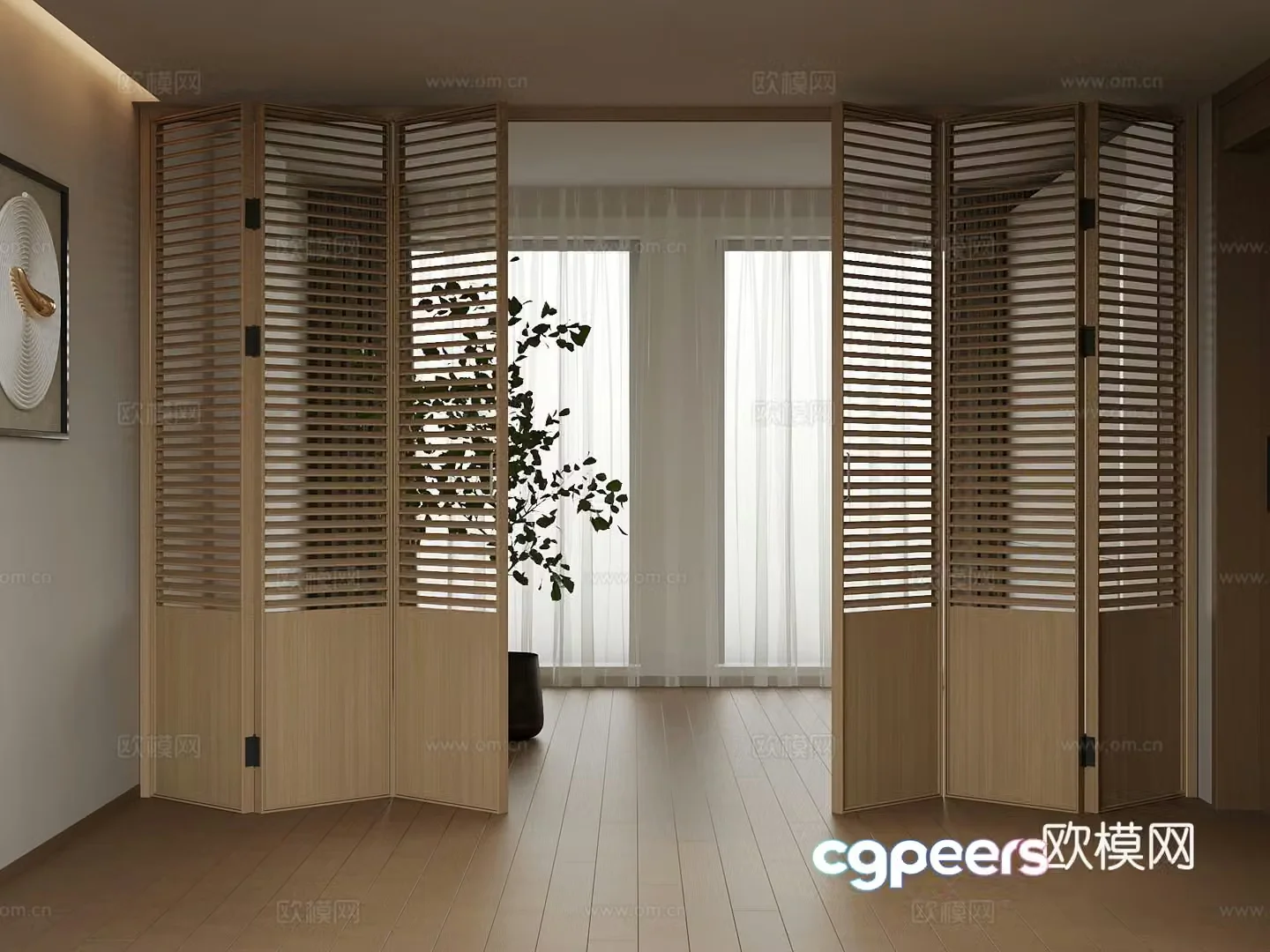 Modern solid wood folding door green plant 3d model