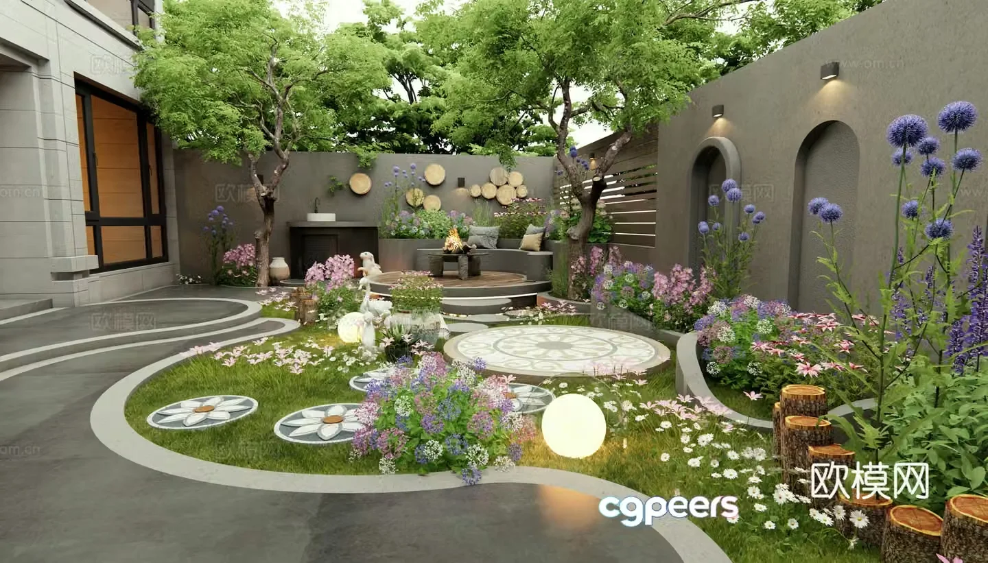 Modern villa courtyard garden arc flower bed flowers and plants plants plant pile shrub landscape seat 3d model