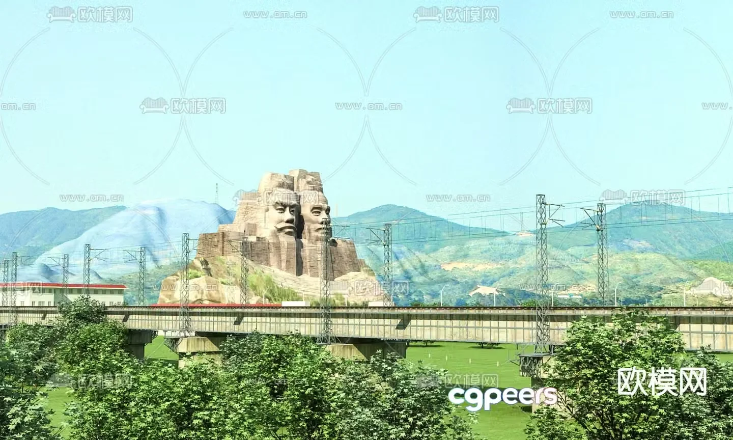 High-speed railway landscape 3D model of sculptures of Emperors Yan and Huang