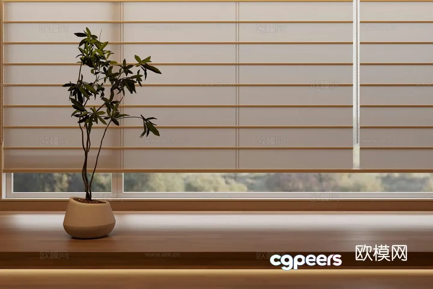 Japanese curtains folding roller blinds blackout curtains linen curtains clay pot green plants 3D model