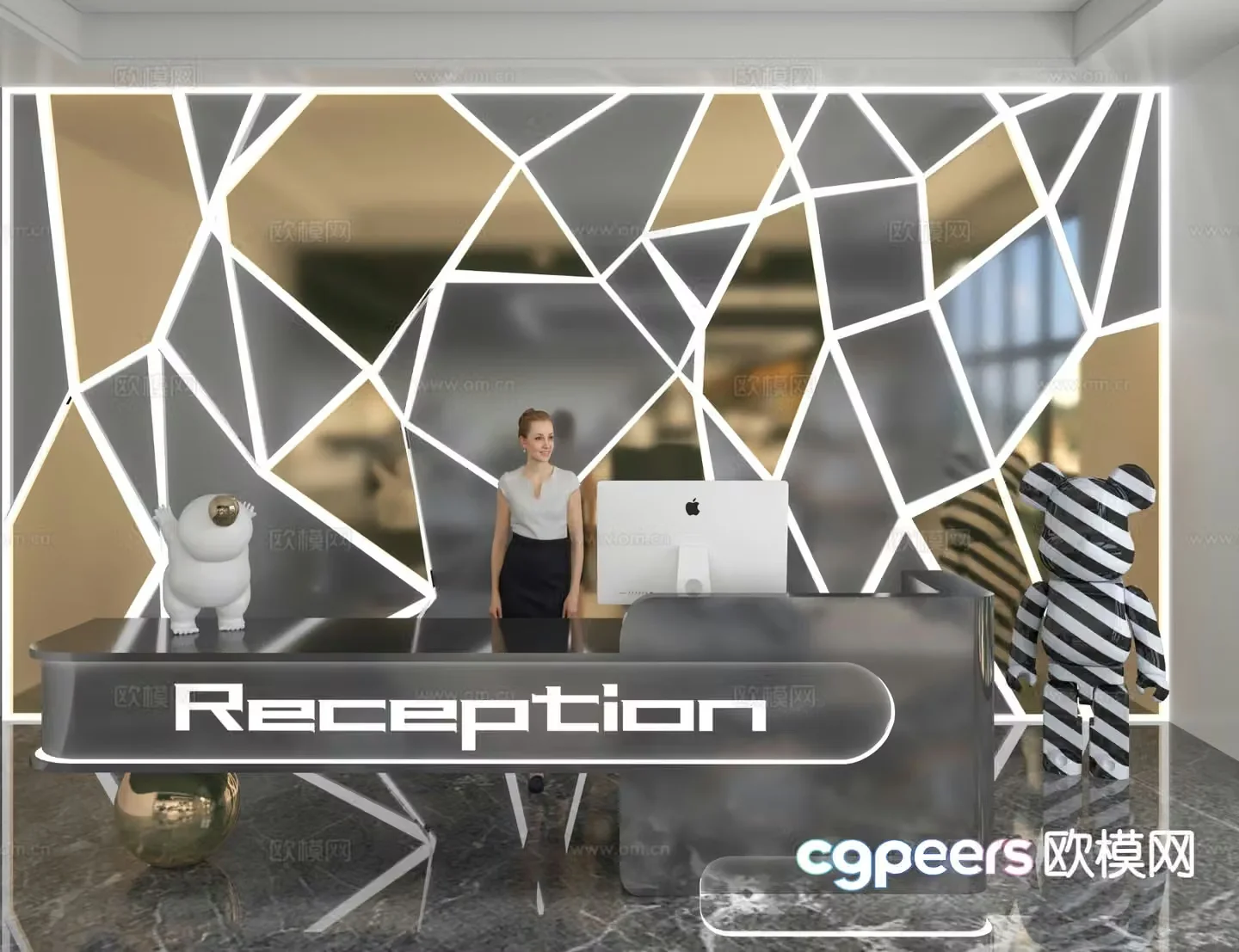 Modern front desk reception desk information desk office background 3d model