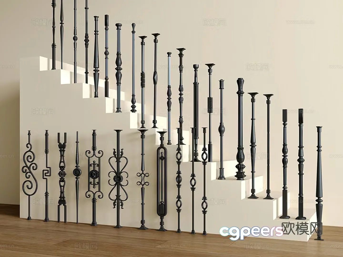 French iron stair railing combination guardrail post handrail 3d model