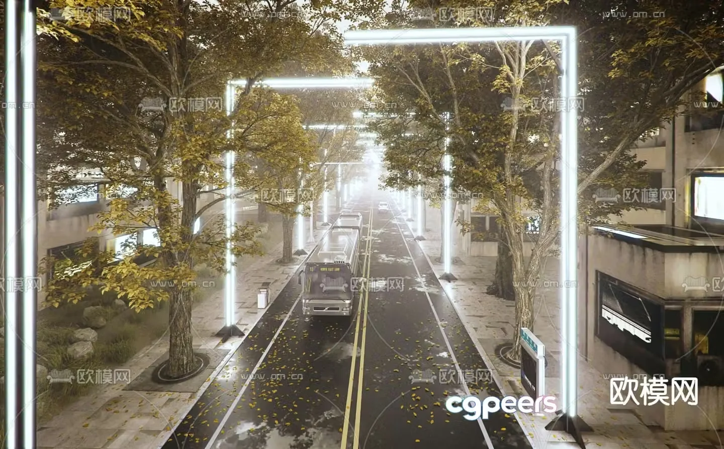 sidewalk highway fallen leaf road 3d model