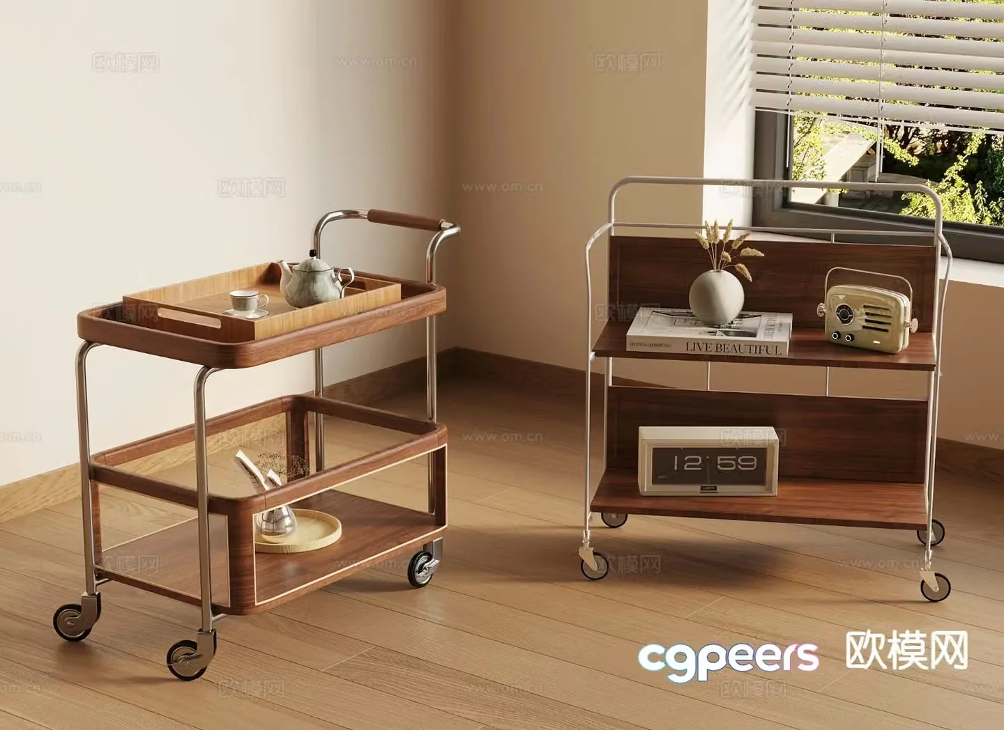 Middle-aged Ancient Angle Side Table Mobile Trolley 3D Model