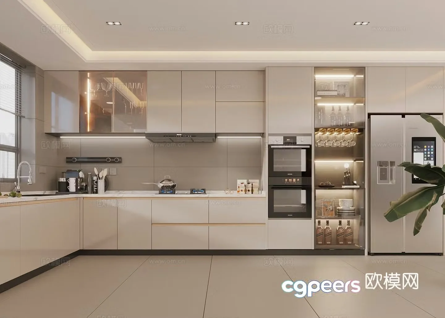 Modern creamy kitchen kitchen supplies combination kitchen appliances dining side wine cabinet 3d model