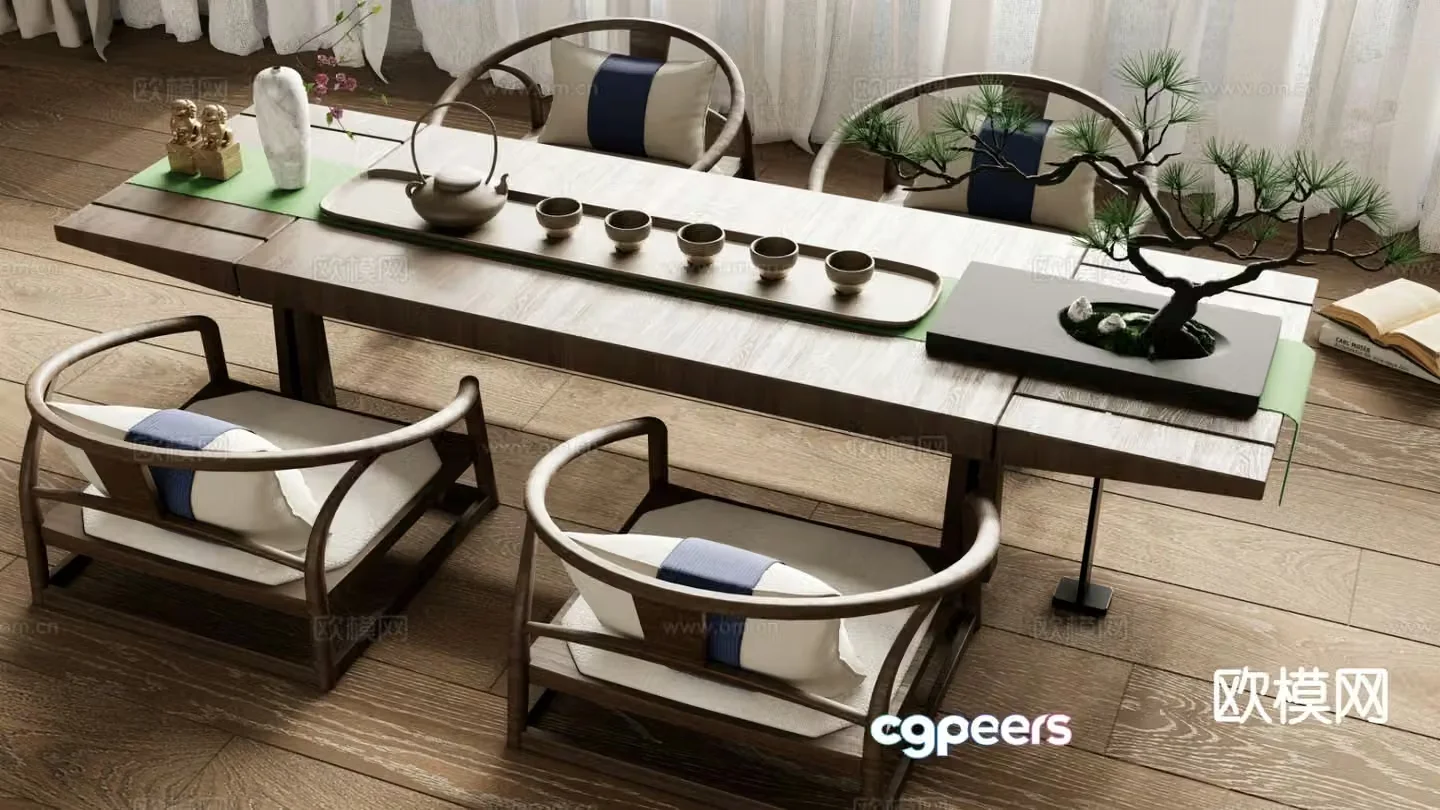 New Chinese style tatami tea table and chairs 3d model