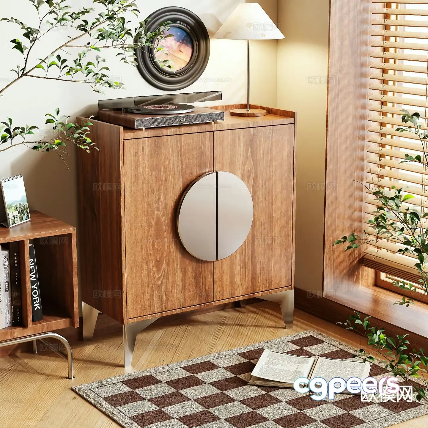 Log style low cabinet entrance shoe cabinet 3D model