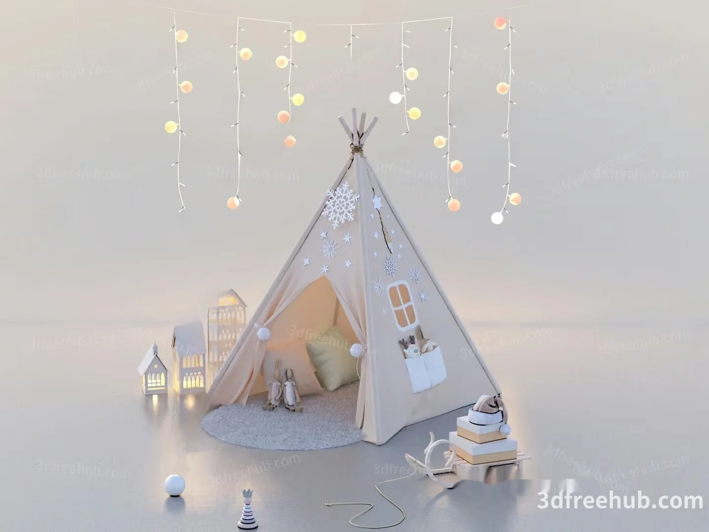 A White Teepee With Snowflakes 3D Model – 3386 – VRAY Render