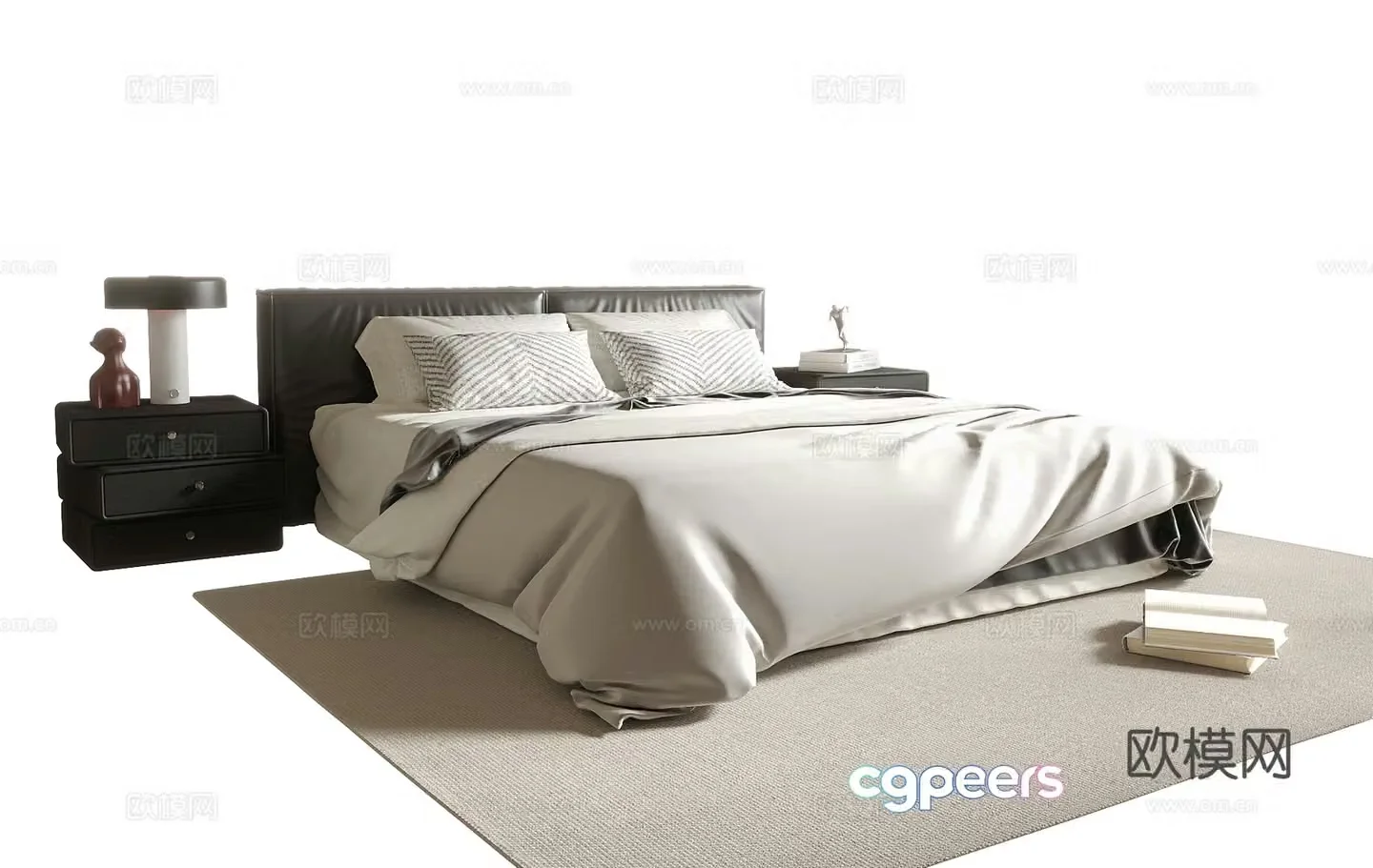 Modern double bed bedside table carpet bedding 3d model