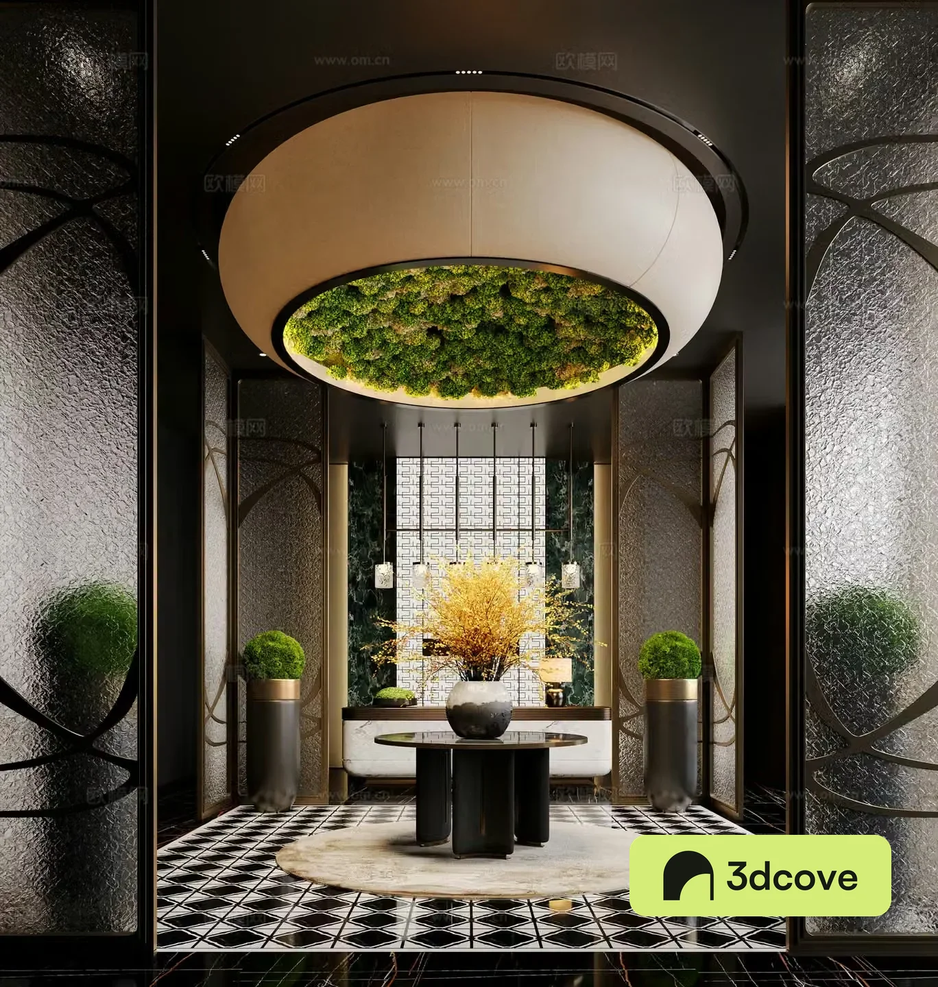 Modern hotel hall floral installation glass partition