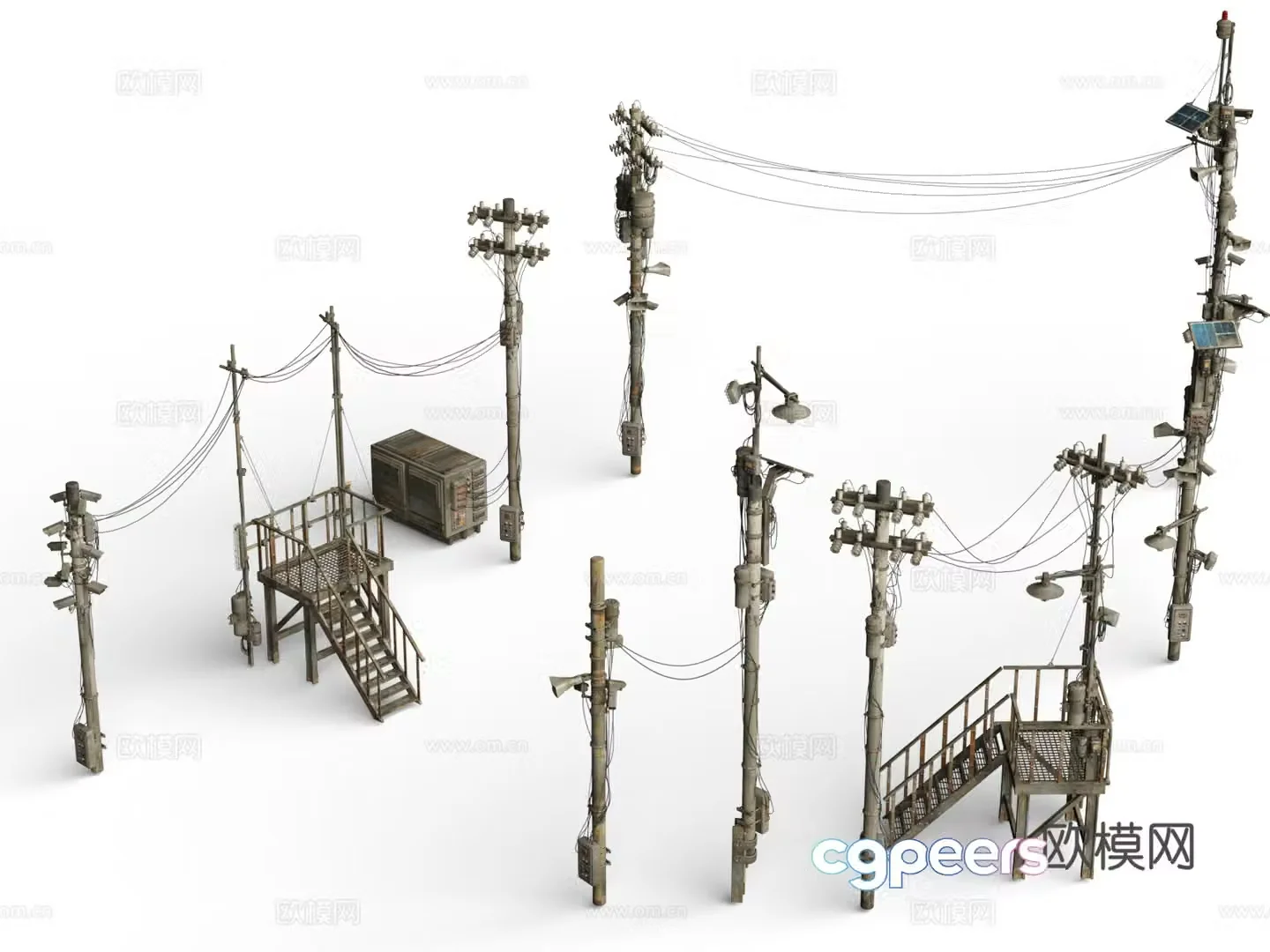 Telephone poles Wire lines Slums Building Wasteland Style Retro Style Future Doomsday Wind 3D Model