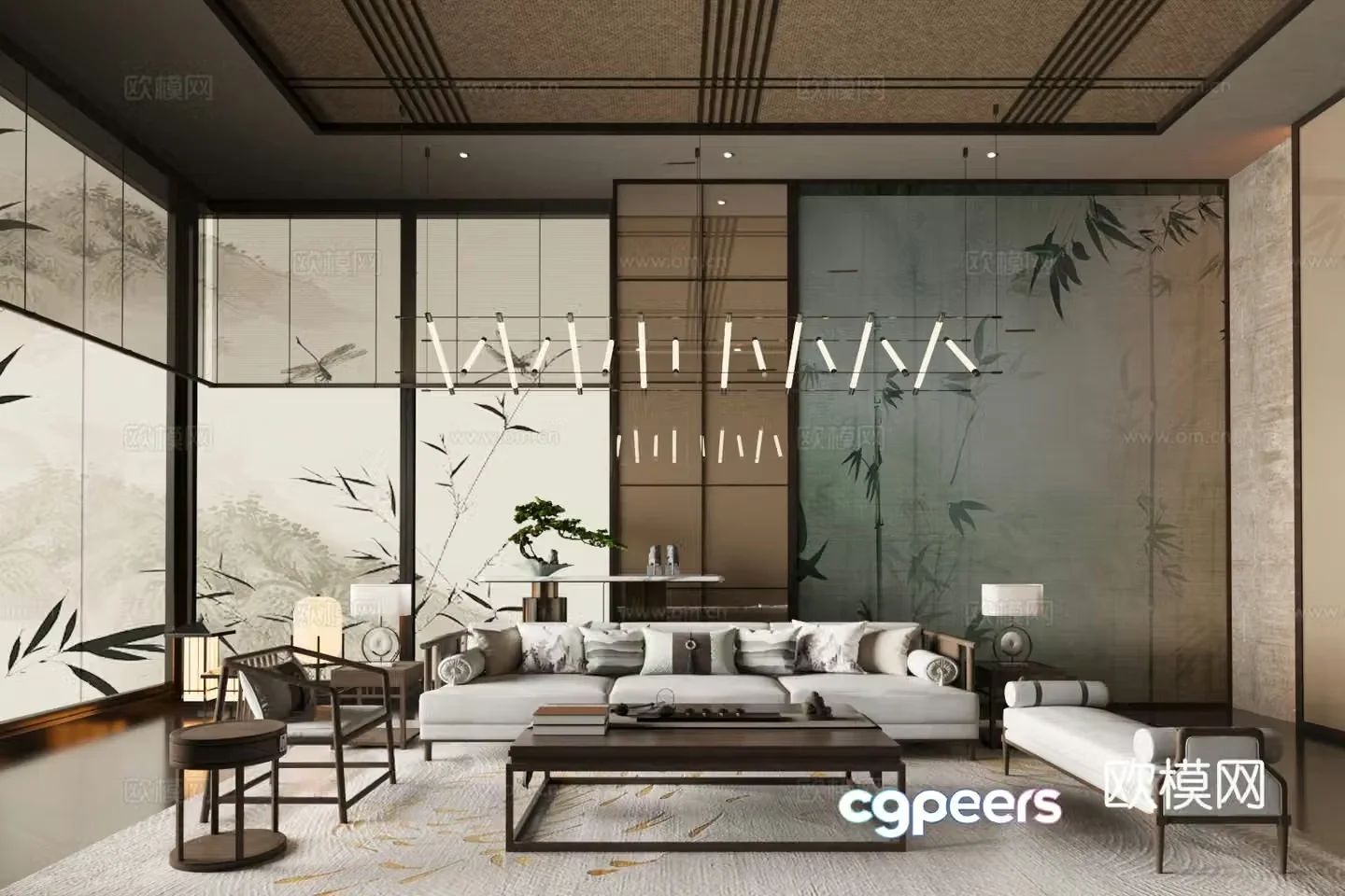 New Chinese-style living room large living room sofa and coffee table combination Chinese-style screen 3D model