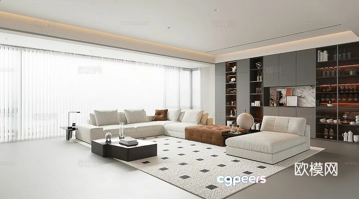 Living room sofa coffee table combination sideboard carpet living and dining room dream curtain 3d model