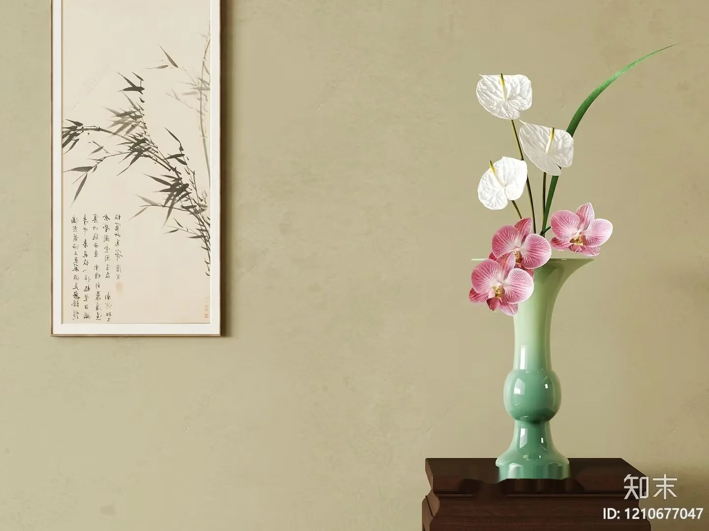 A Green Vase With Pink And White Flowers 3D Model – 4818 – VRAY Render
