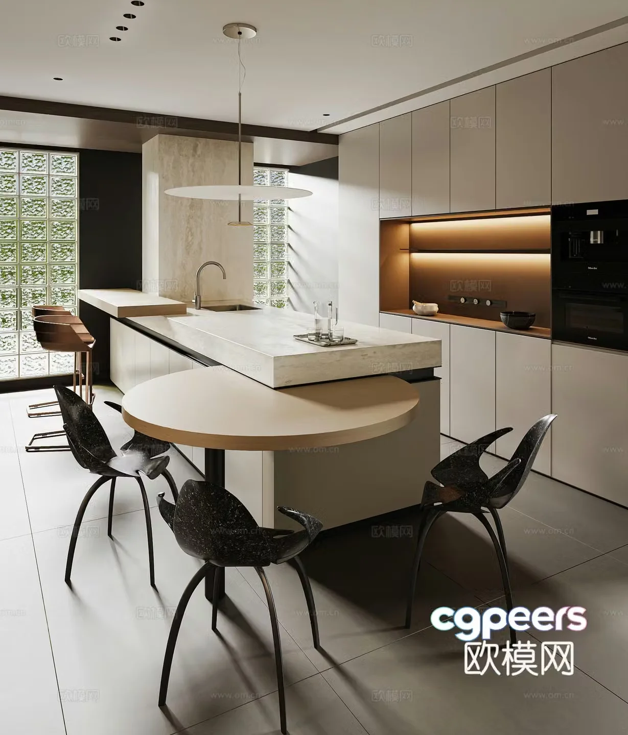 Simple European style island restaurant table and chair combination dining cabinet chandelier 3d model