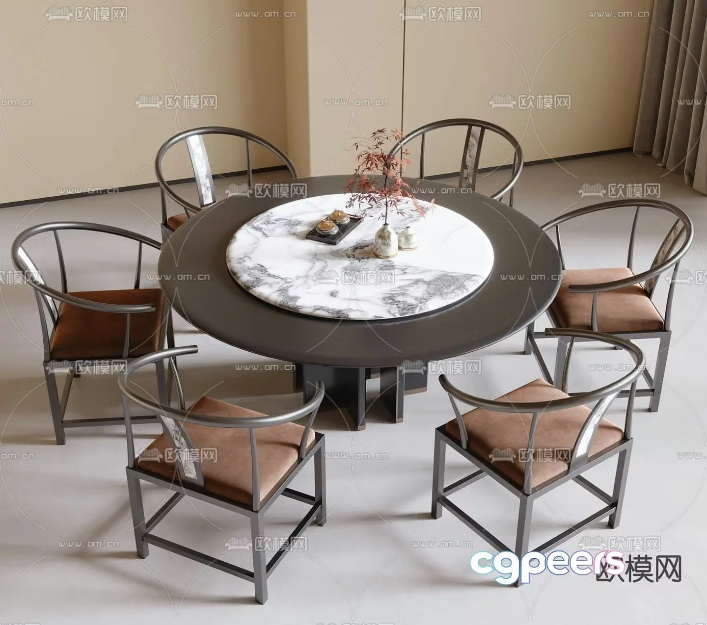 New Chinese style dining table and chairs round dining table 3d model