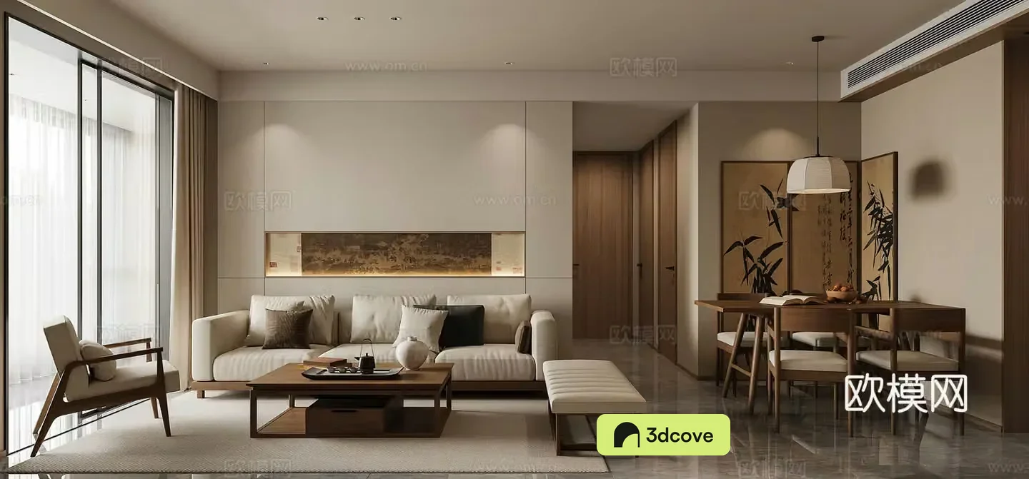 Middle style living room combination sofa middle style living room dining table new Chinese style living room homestay 3D model