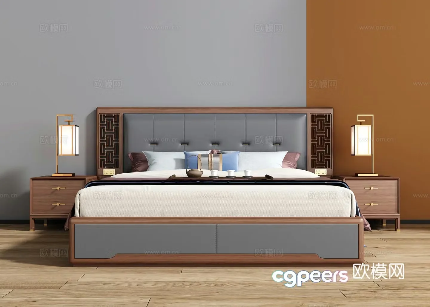 New Chinese style double bed 3D model