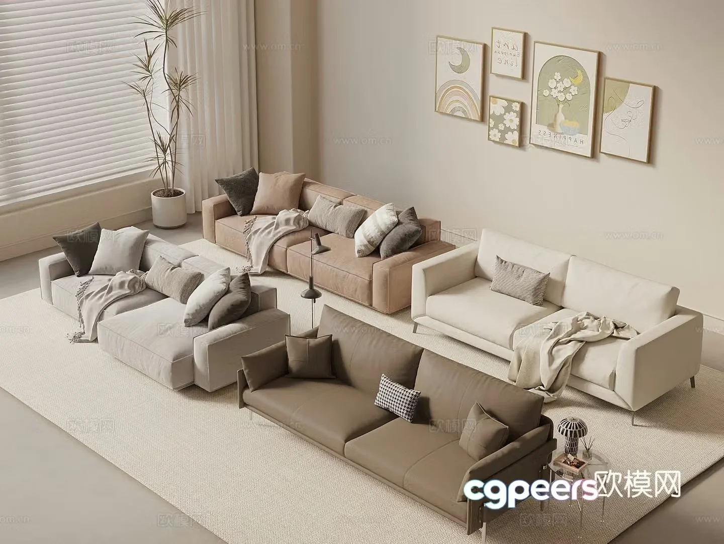 Modern retro double sofa leather sofa casual sofa pillow sweeping robot 3d model