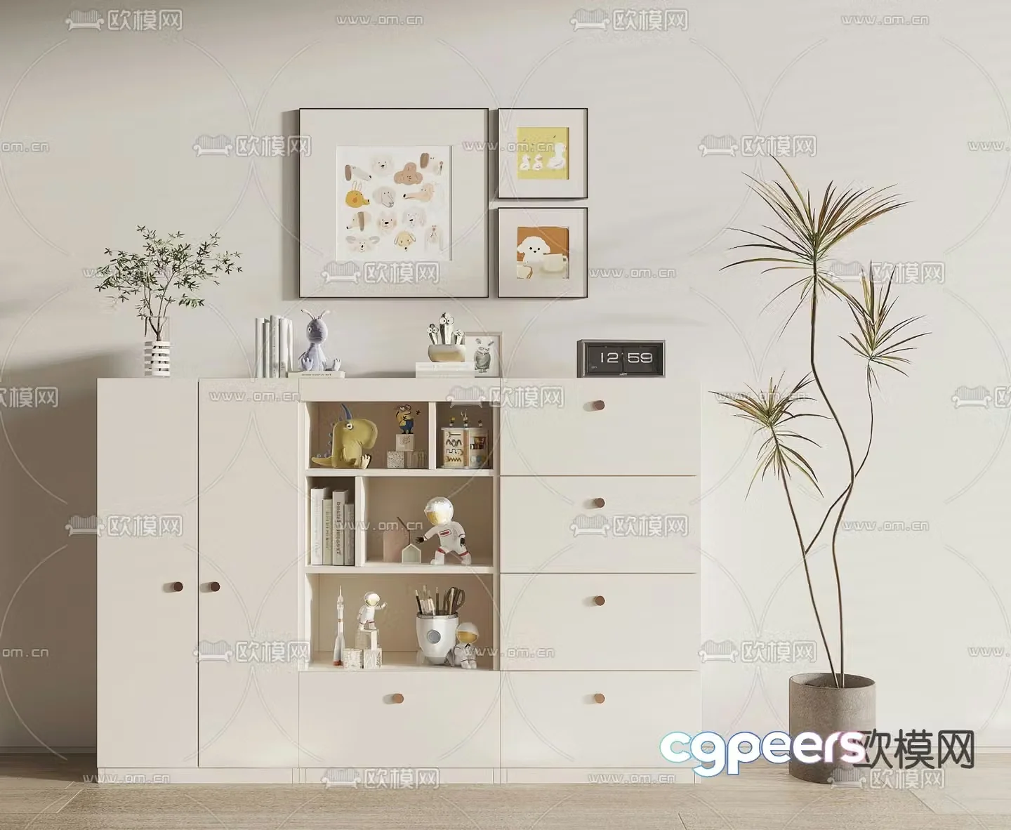 Creamy wind bookcase low cabinet 3d model