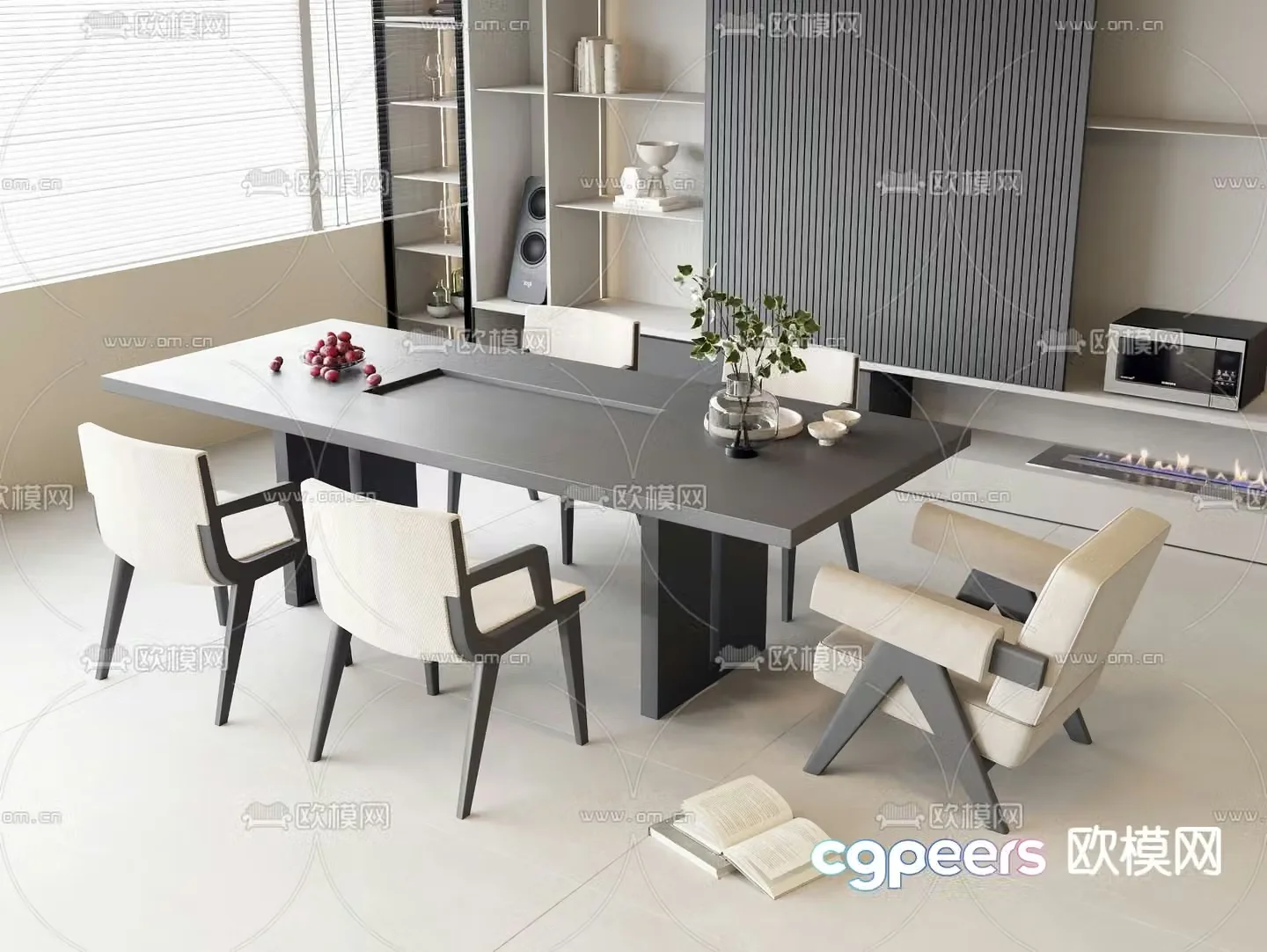 3D model of strip dining table and chair