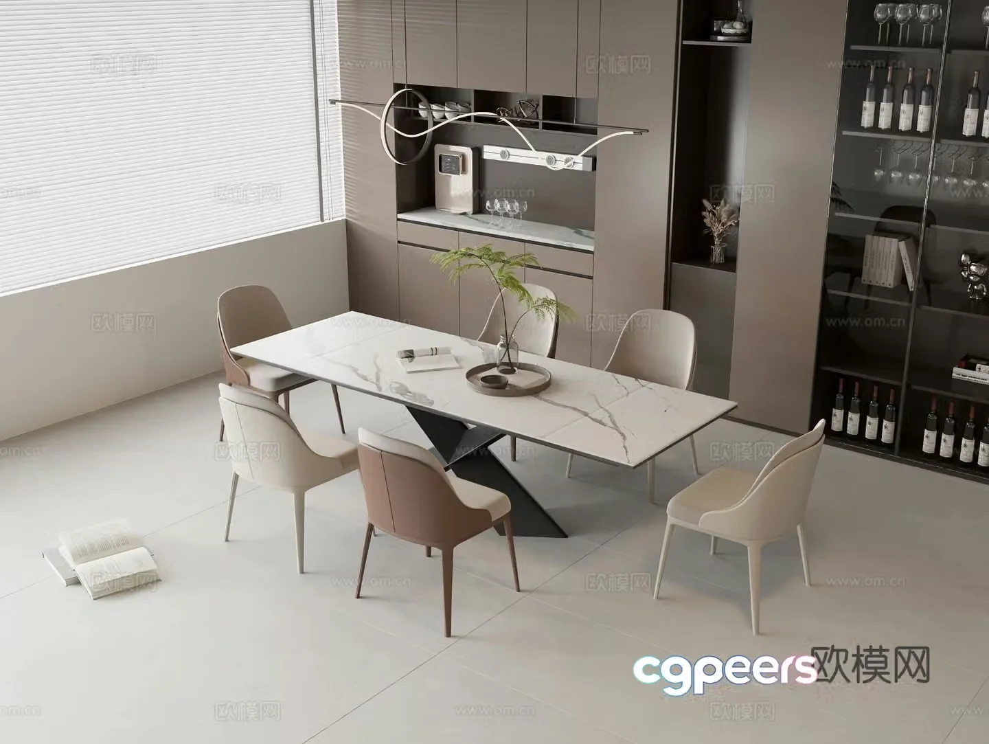 Modern dining table and chair combination marble dining table leather dining chair sideboard glass door wine cabinet 3d model