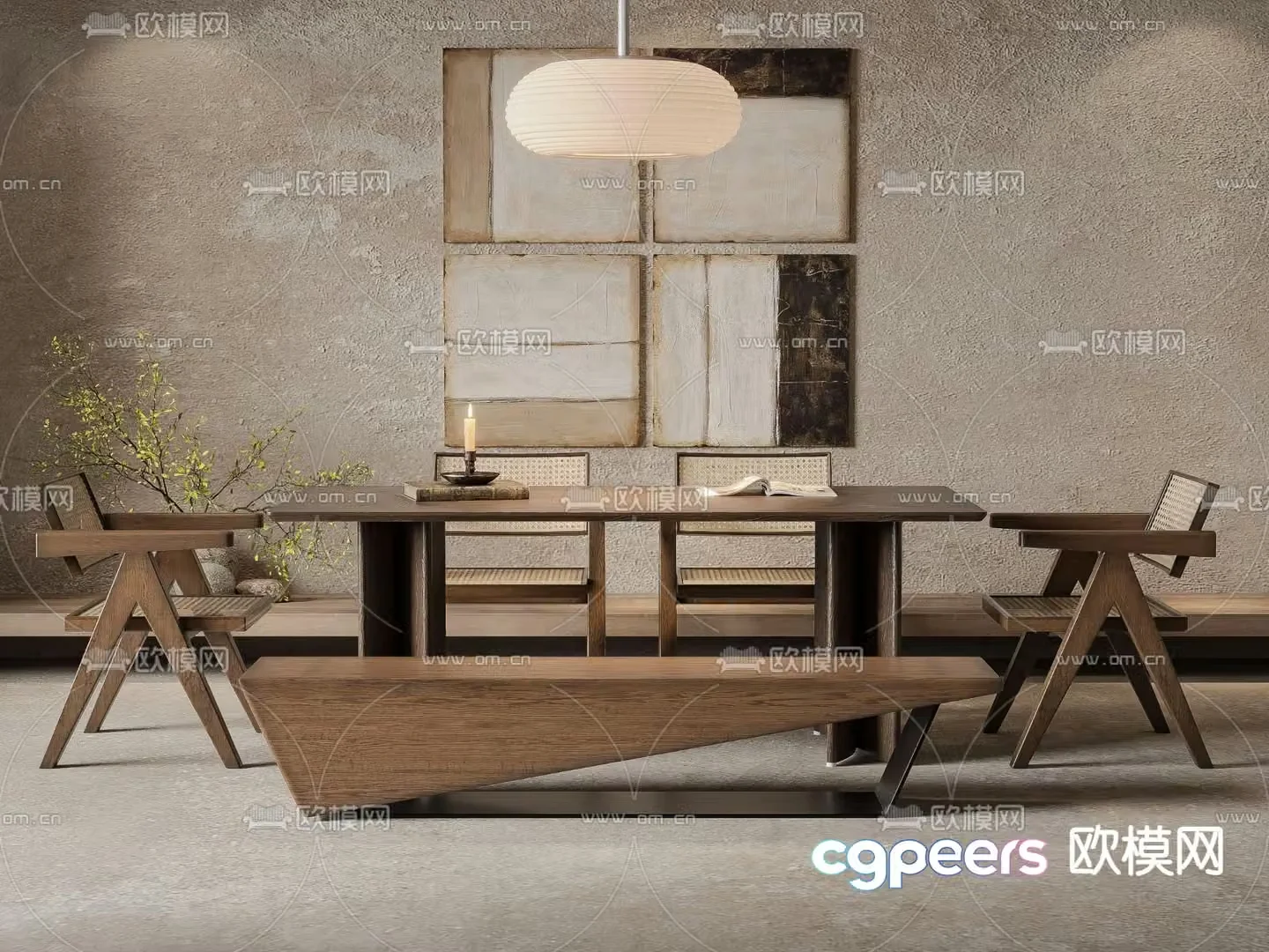 Wabi-sabi dining table and chairs log dining table 3d model