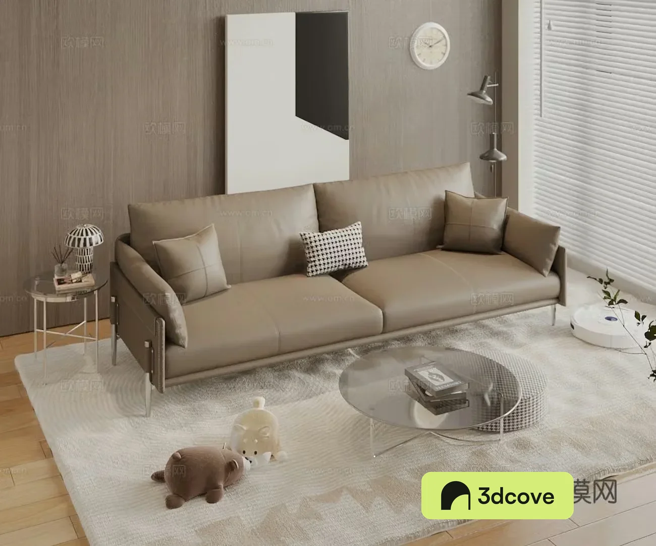 Modern retro double sofa leather sofa casual sofa pillow sweeping robot