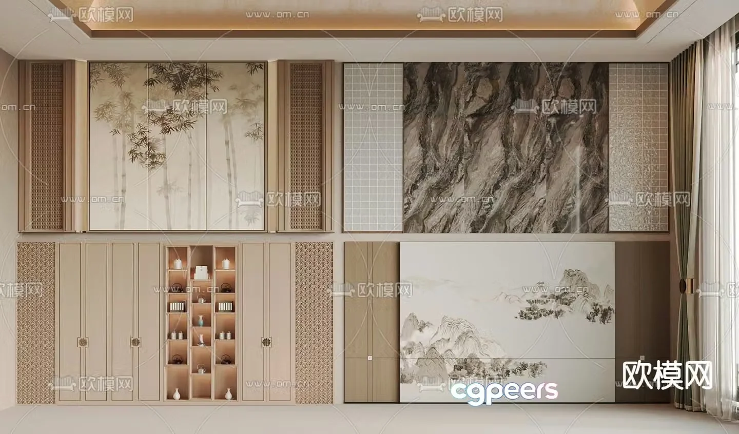 New Chinese style background wall sofa background TV background bedroom background 3d model
