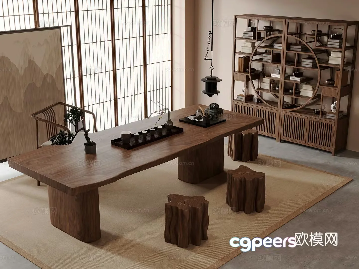 Tea room New Chinese style tea room Tea table and chair Tea table Tea set Bo Gu shelf 3D model