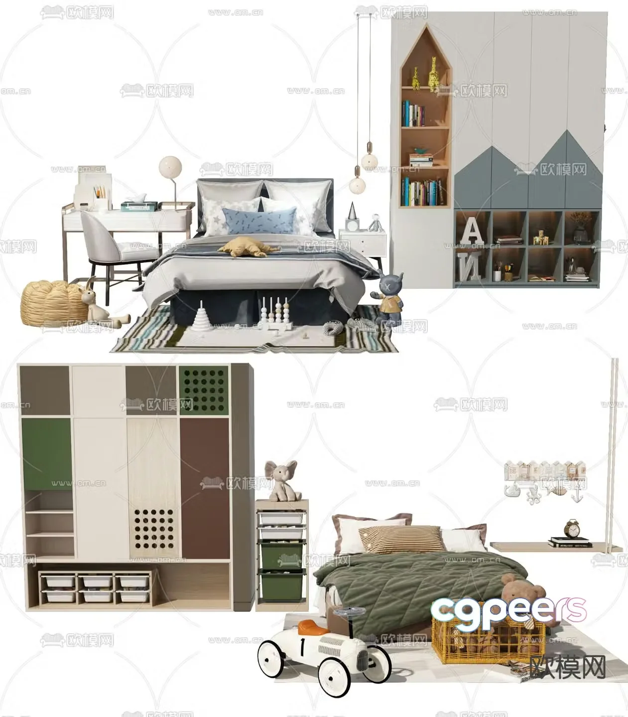 Modern children’s bed and children’s wardrobe combination 3d model