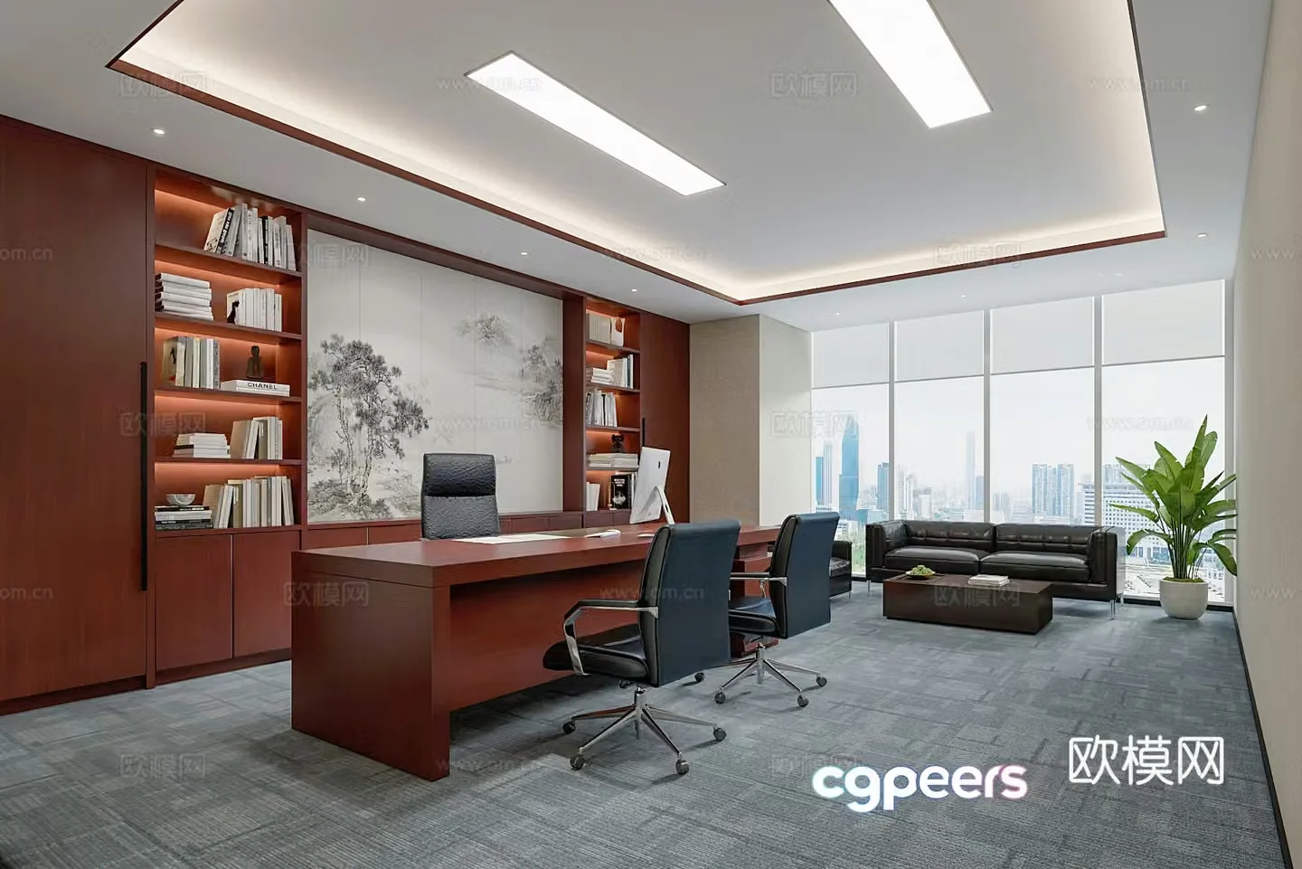 Chairman’s Office Office Desk Sofa Coffee Table Bookcase 3D Model