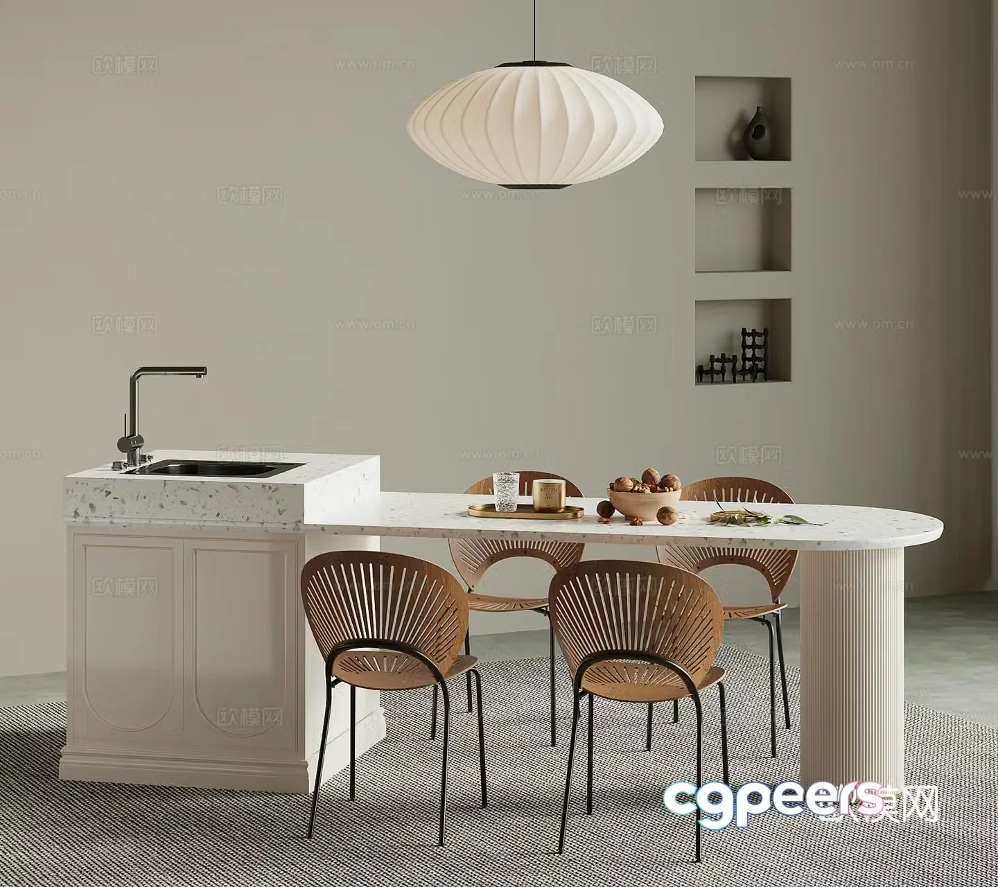French Creamy Island Open Dining Table 3D Model