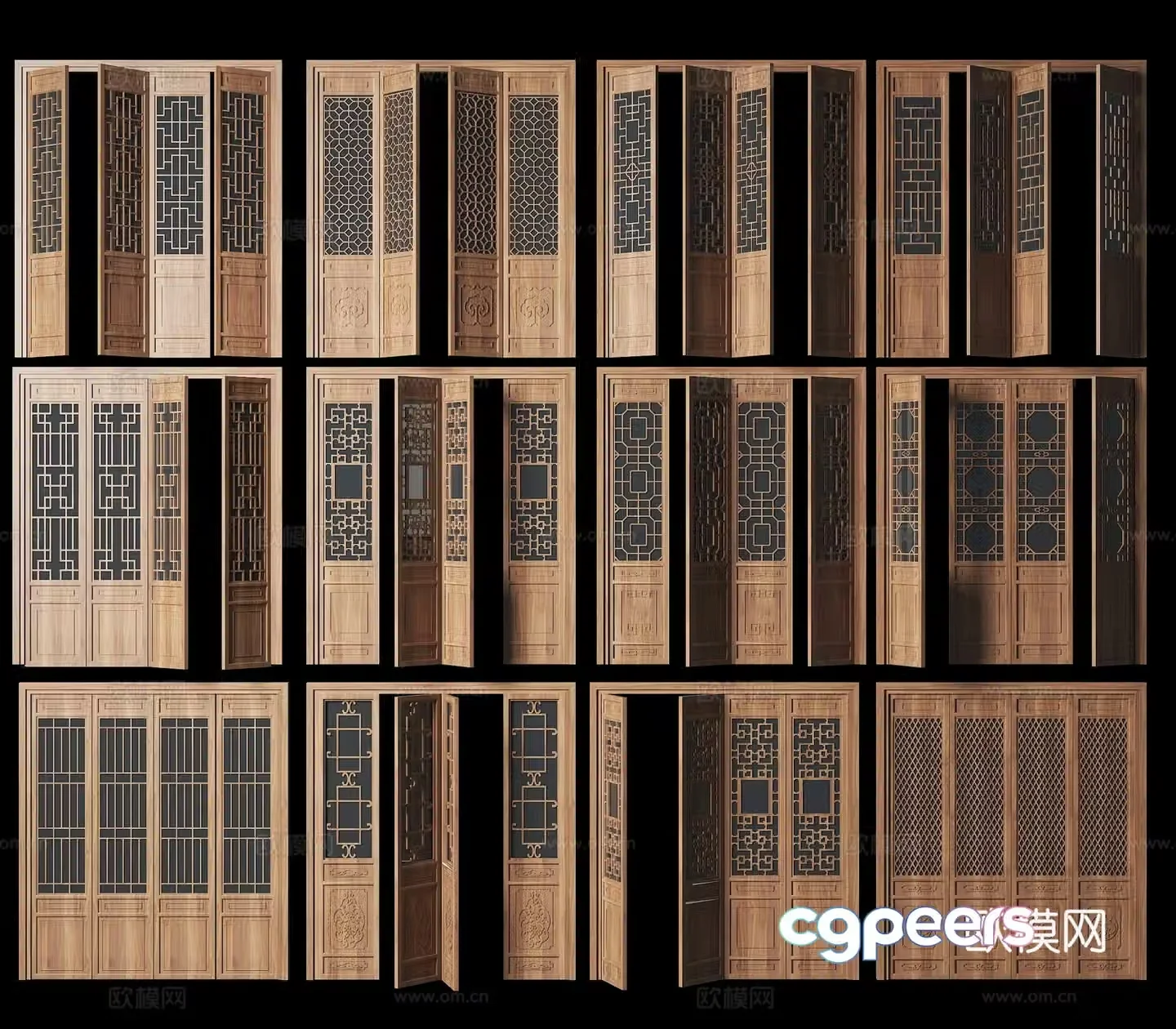 Chinese style doors and windows ancient building doors lattice doors antique wooden doors solid wood grids carved doors hollow flower 3D model
