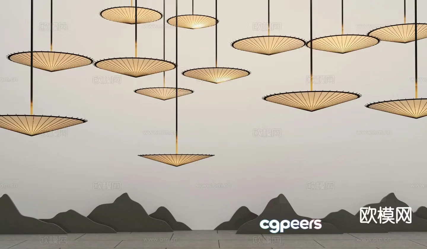 New Chinese style oil paper umbrella decorative lamp 3D model